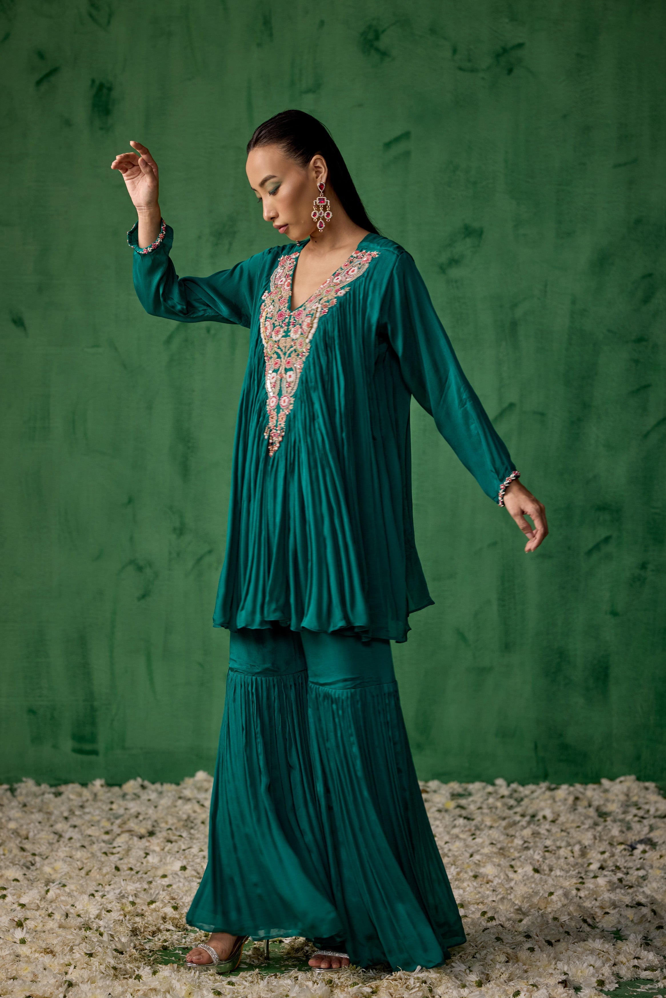 Teal Green Embellished Chinon Silk Sharara Set