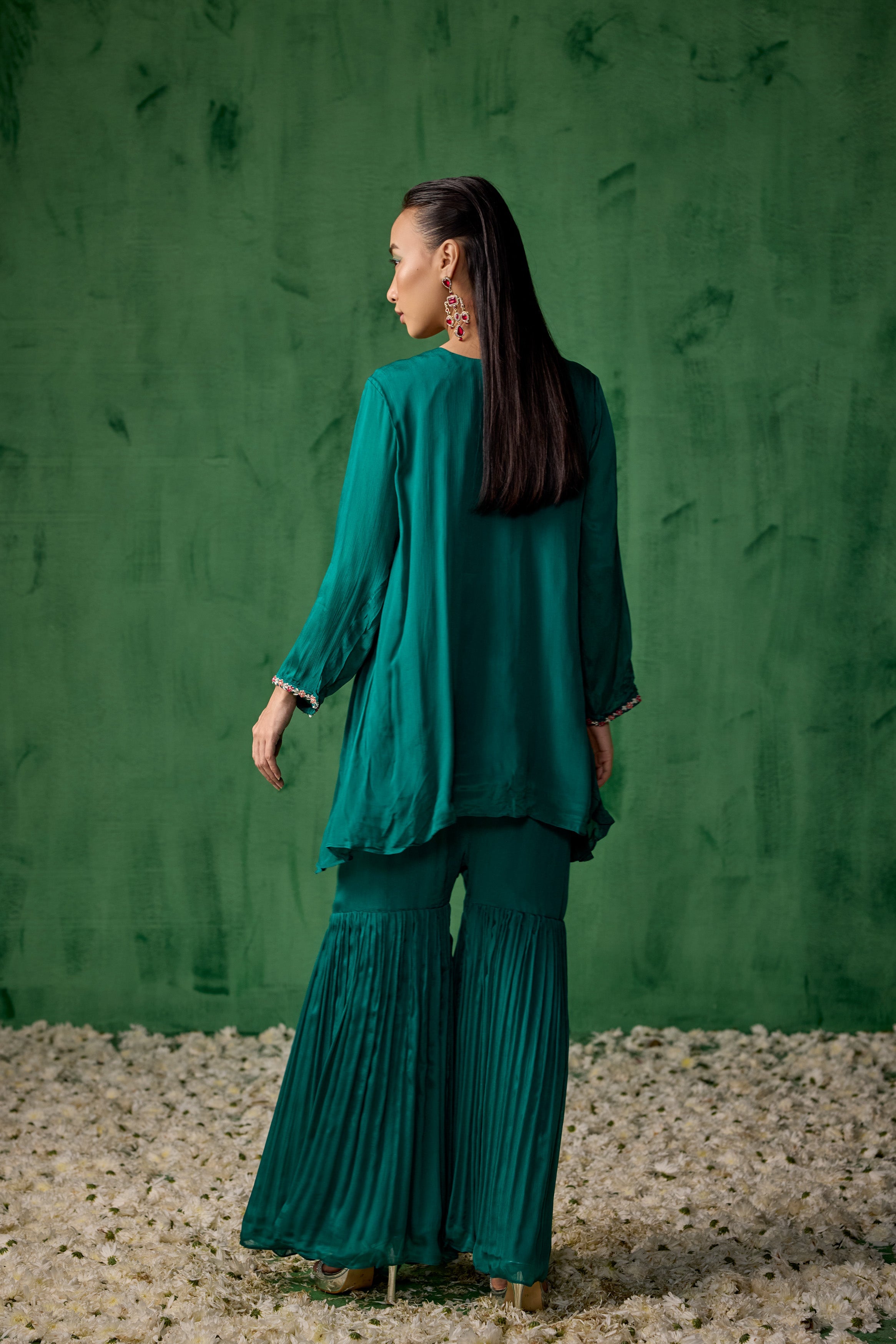 Teal Green Embellished Chinon Silk Sharara Set