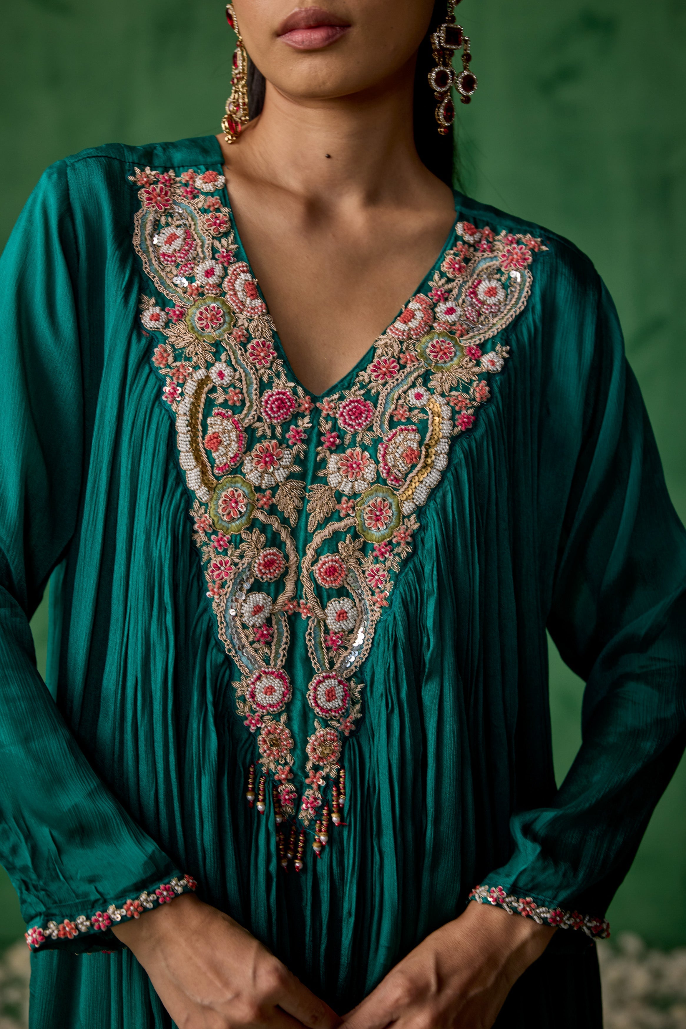 Teal Green Embellished Chinon Silk Sharara Set