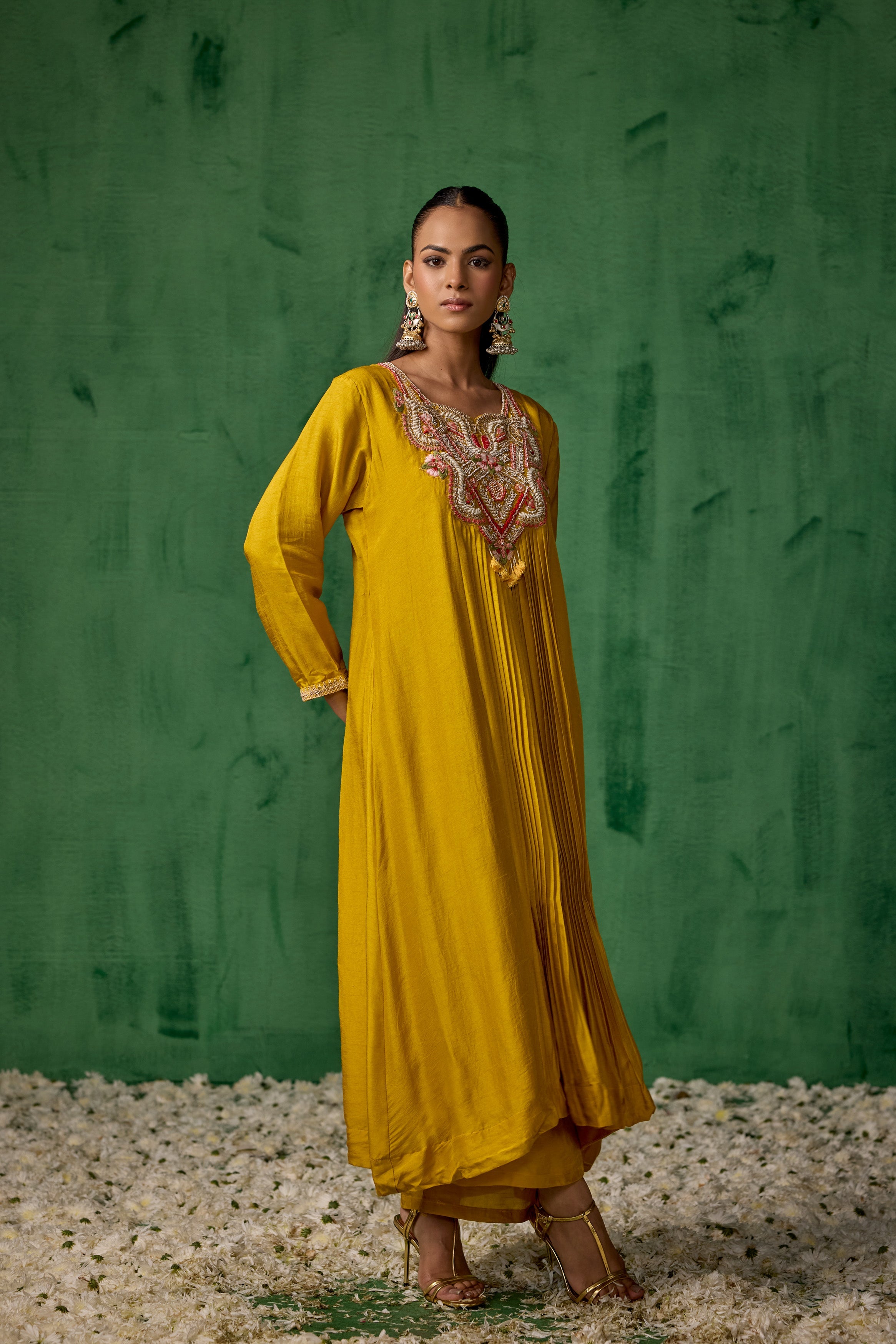 Mustard Yellow Embellished Raw Silk Palazzo Set