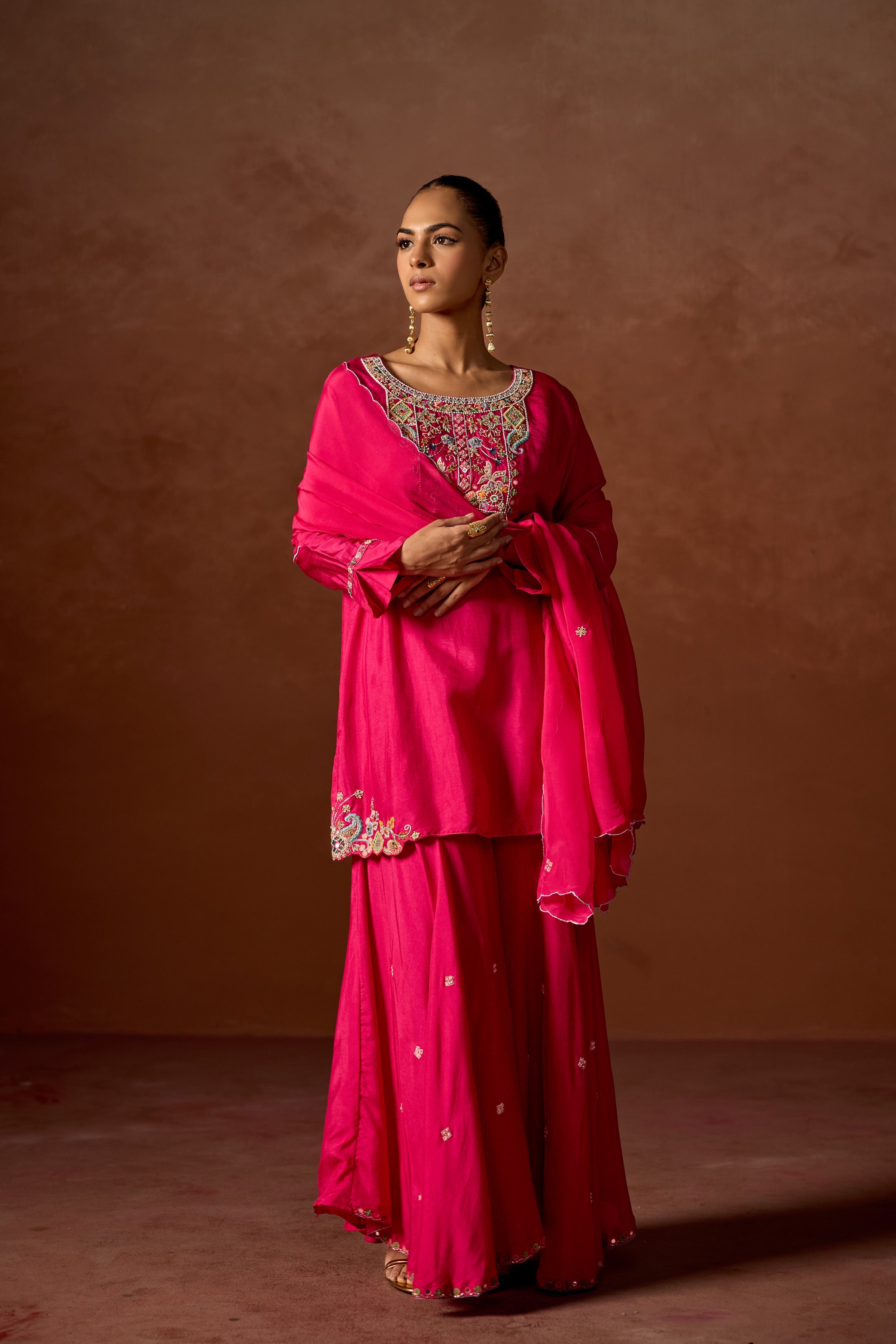 Hot Pink Embellished  Chinon Silk Sharara Set