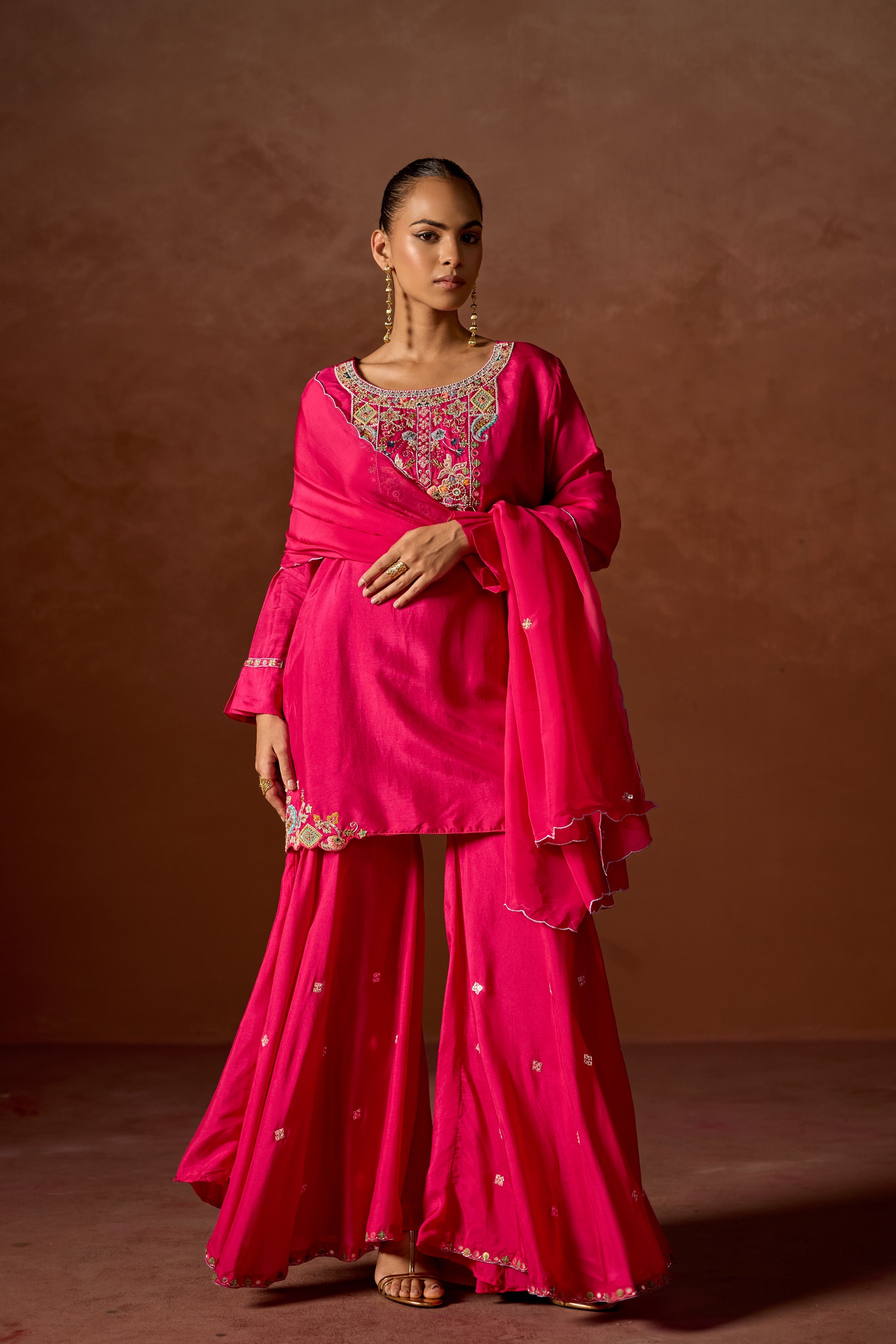 Hot Pink Embellished  Chinon Silk Sharara Set