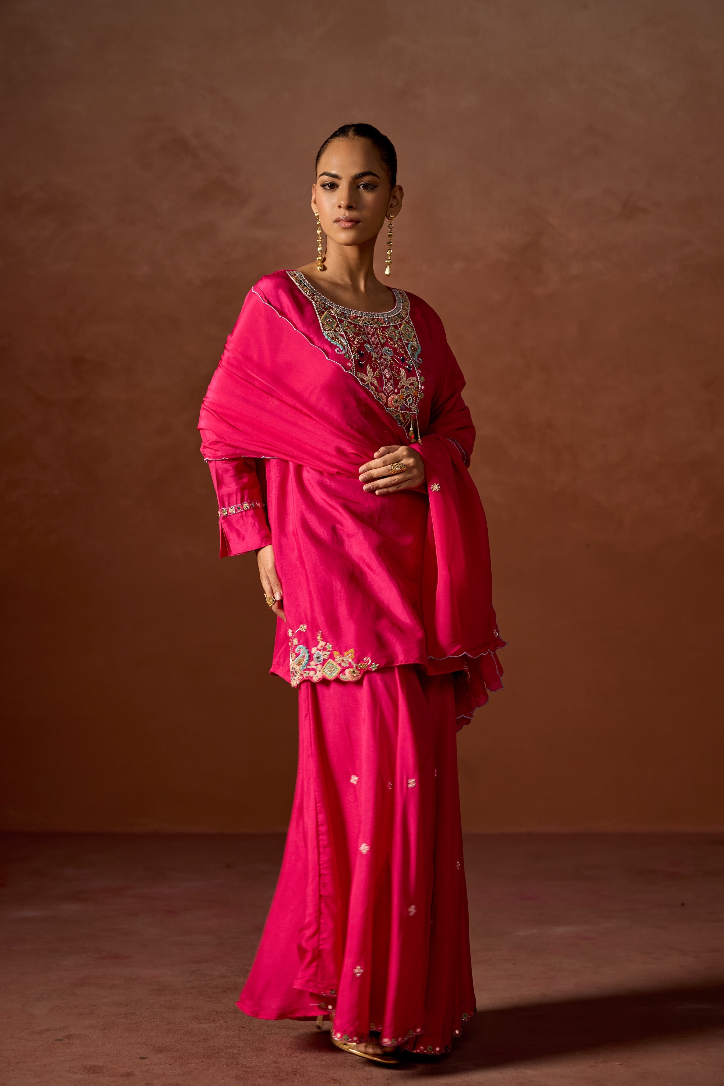 Hot Pink Embellished  Chinon Silk Sharara Set