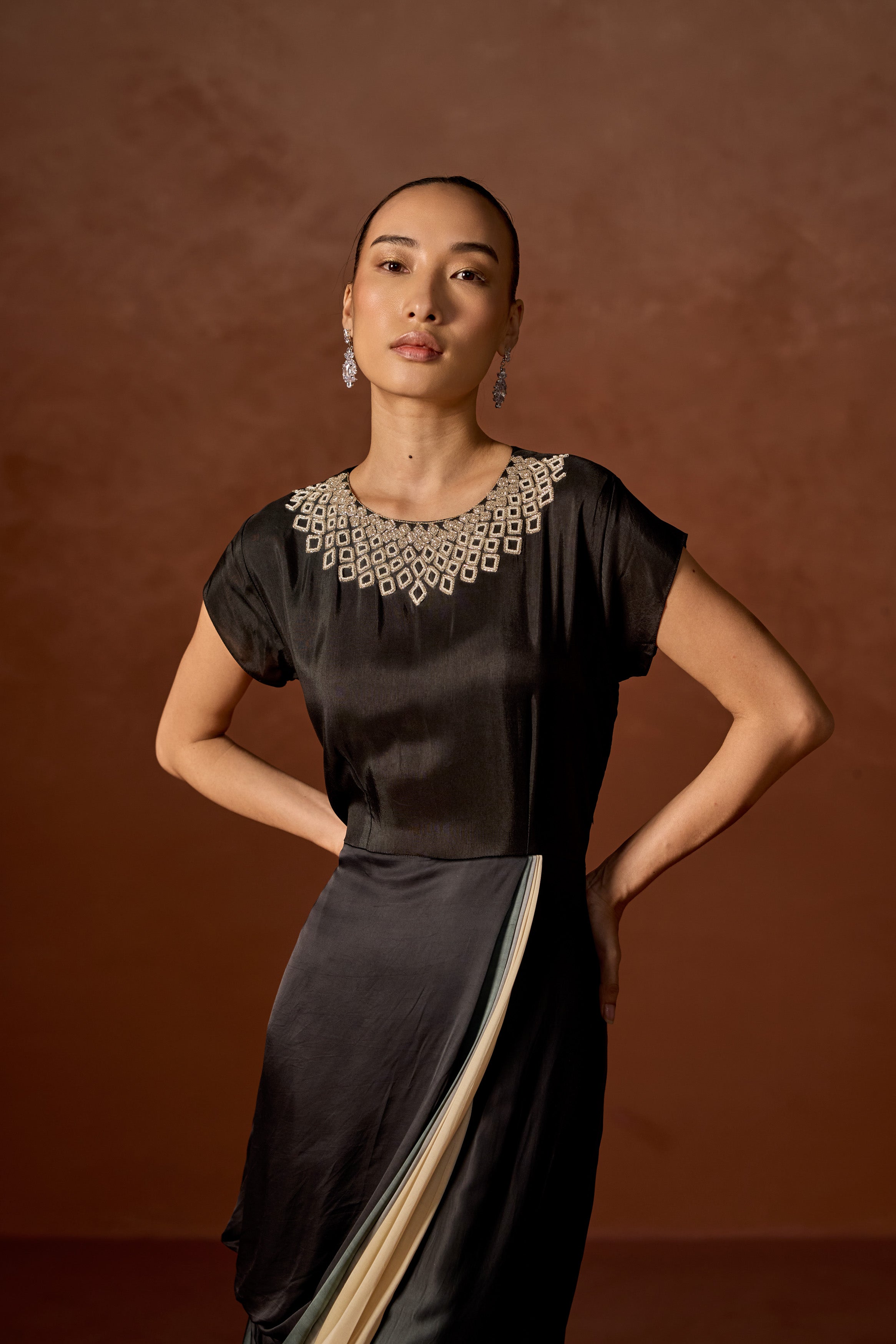 Charcoal Black Embellished Satin Silk Gown