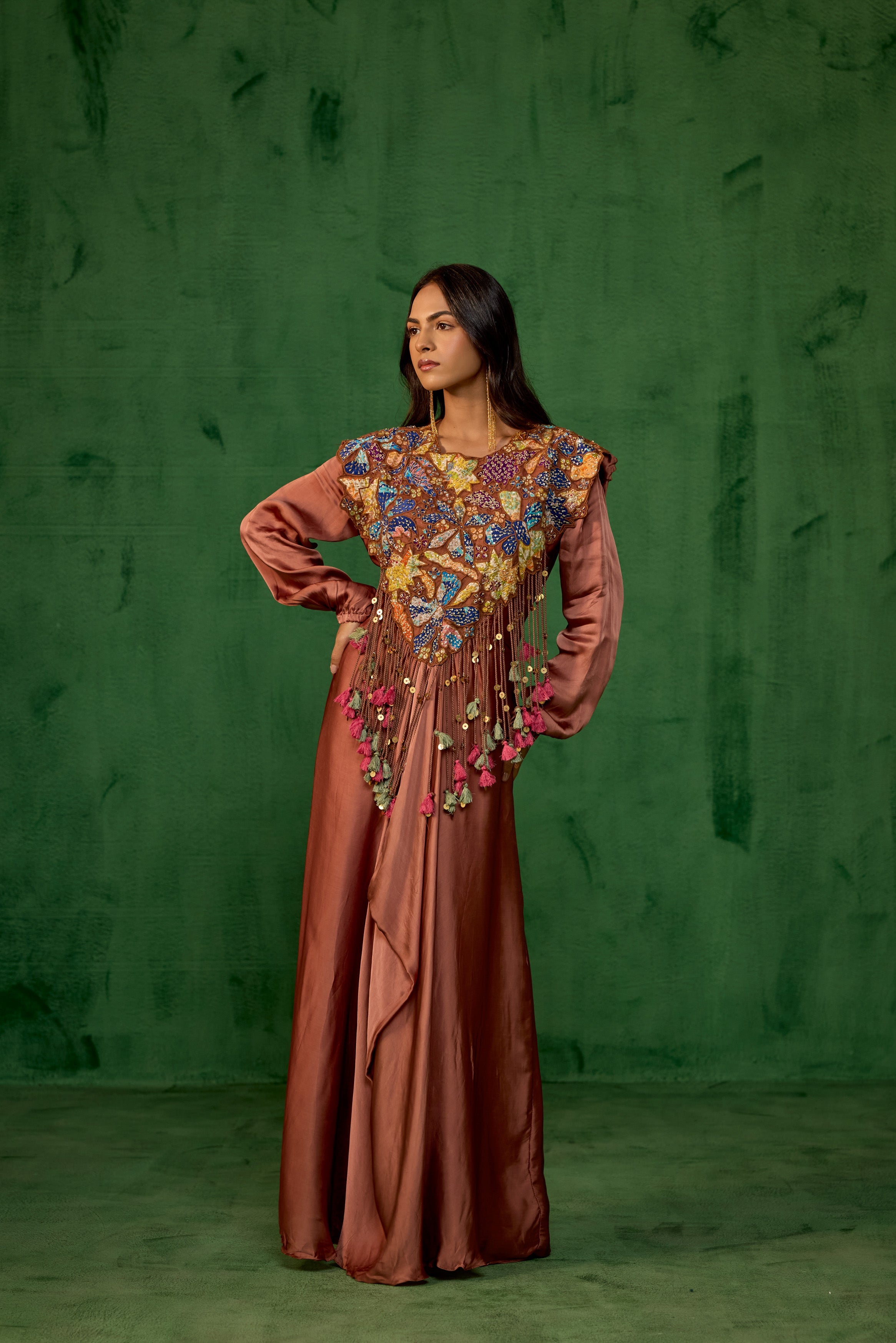 Rust Brown Embellished Satin Silk Gown