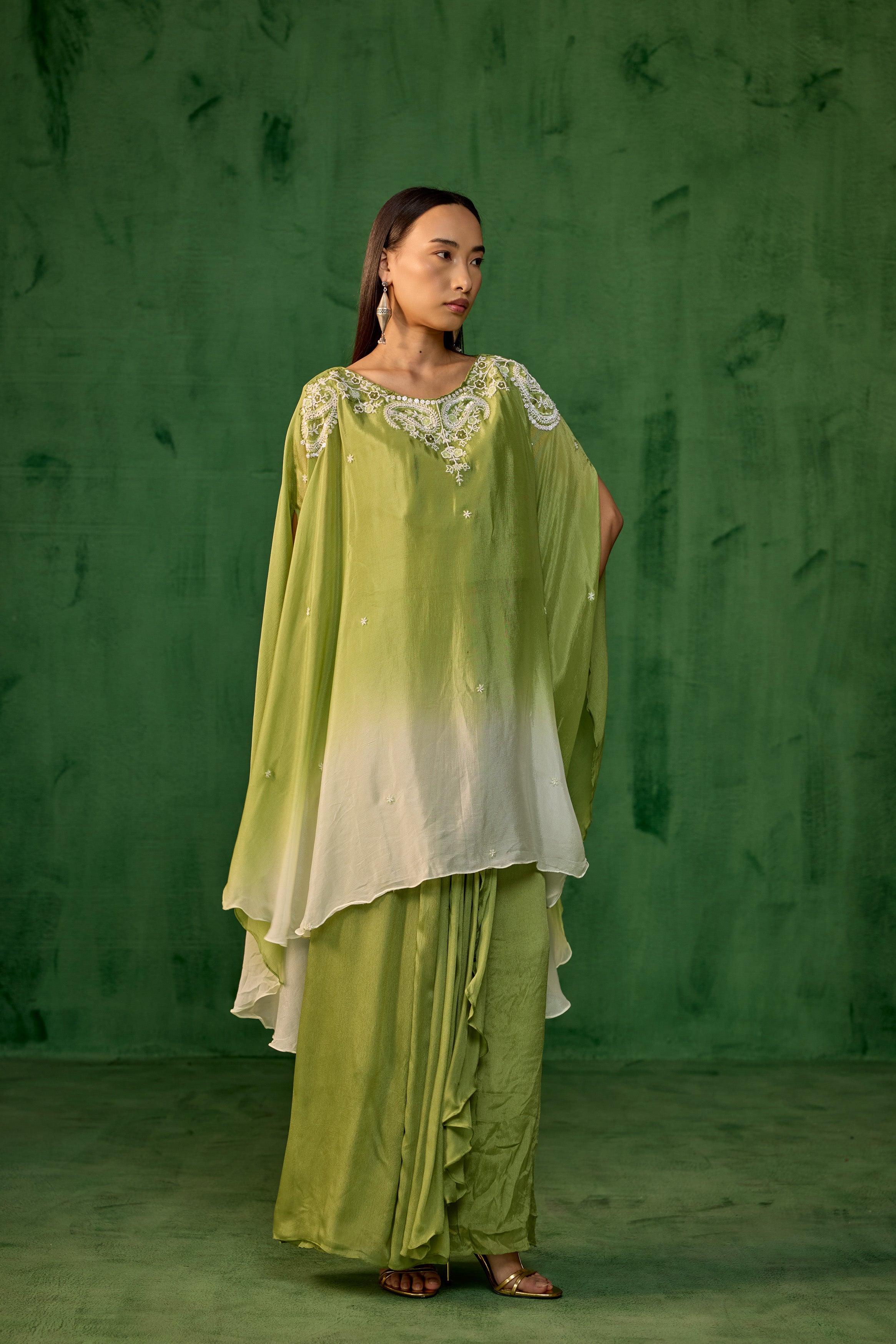 Ombre Green Embroidered Chinon Kaftan Set