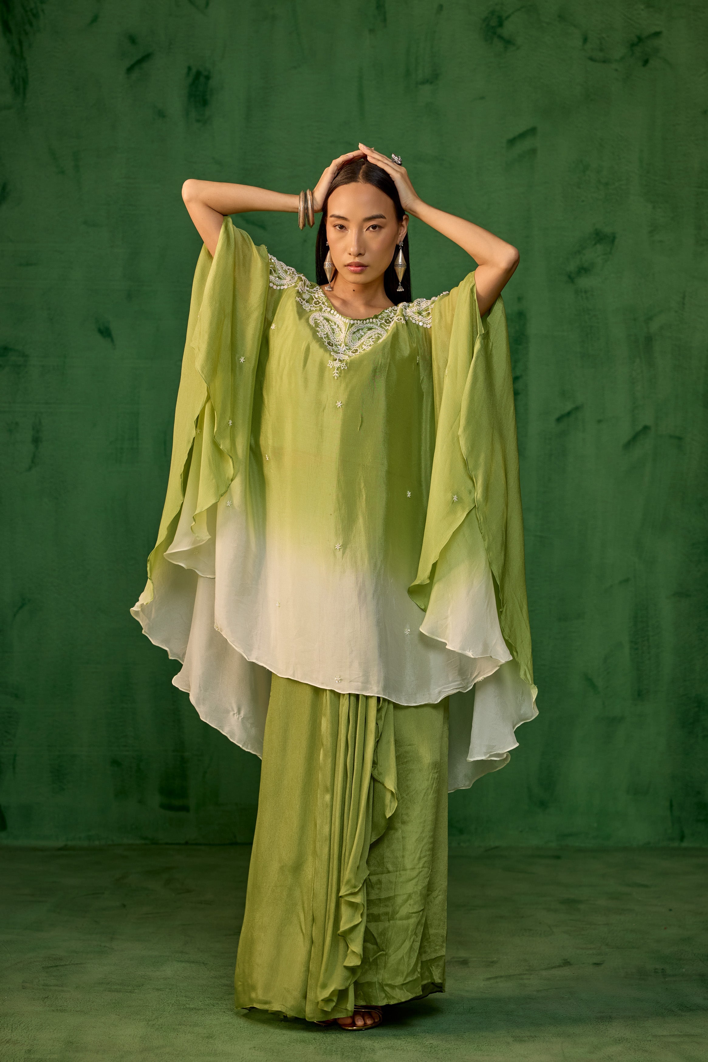 Ombre Green Embroidered Chinon Kaftan Set