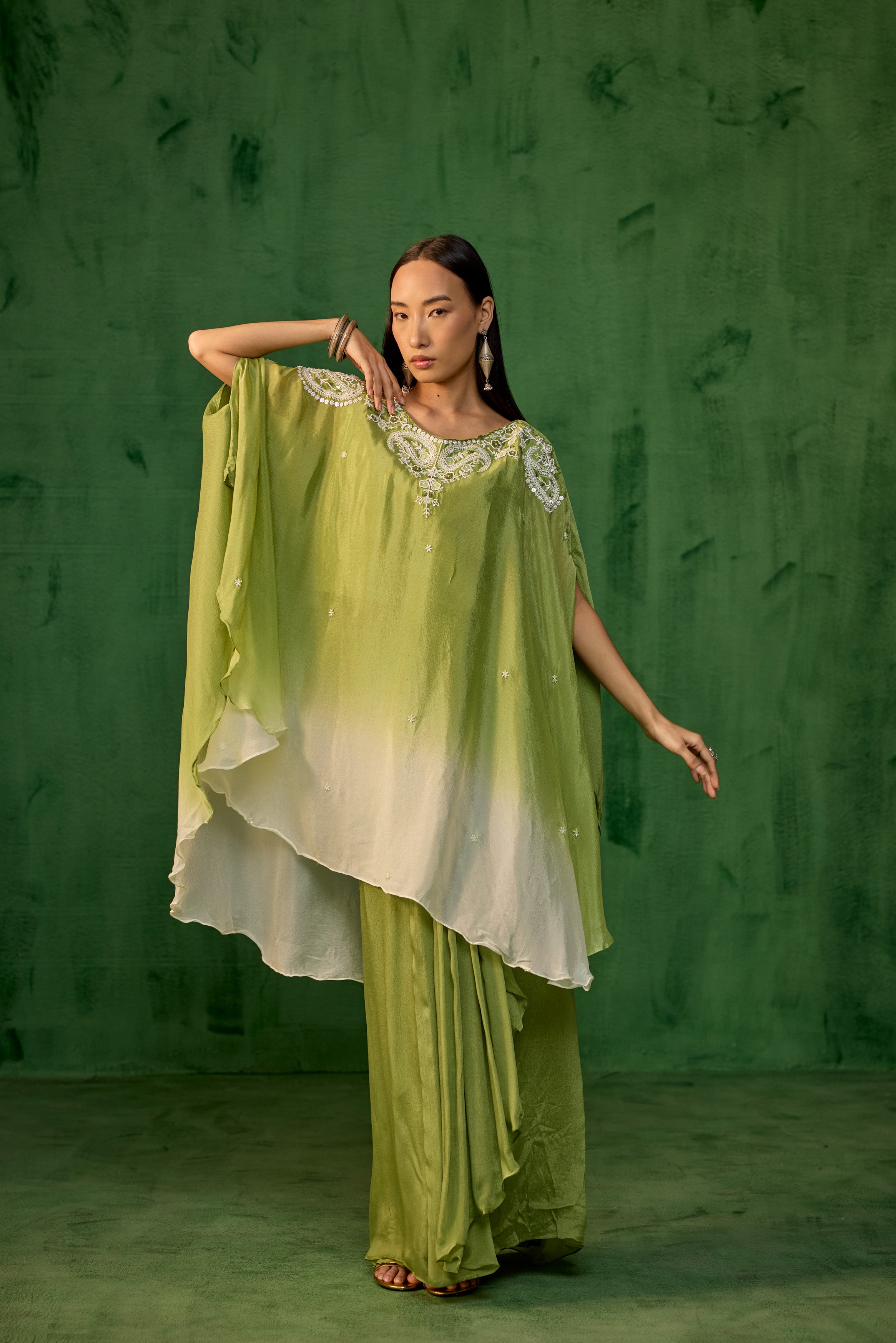 Ombre Green Embroidered Chinon Kaftan Set