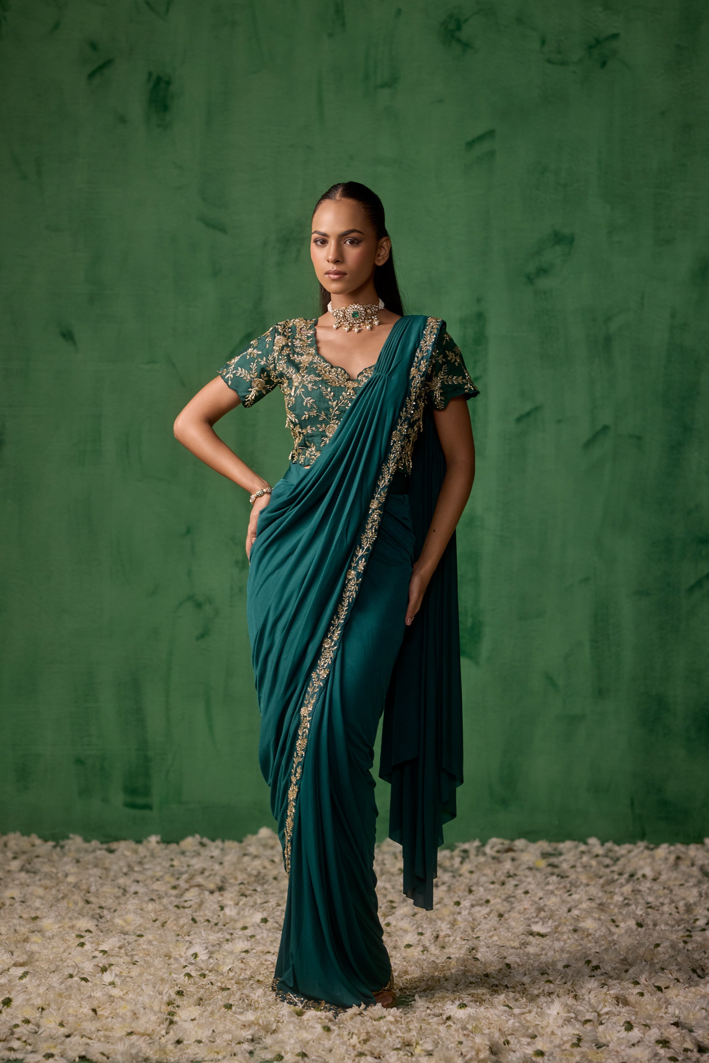 Emerald Teal Embellished Lycra Silk Draped Saree