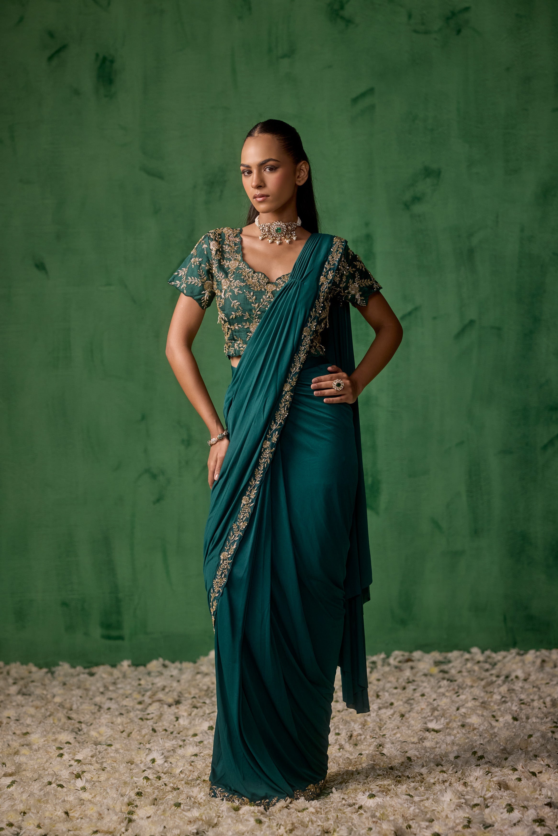 Emerald Teal Embellished Lycra Silk Draped Saree