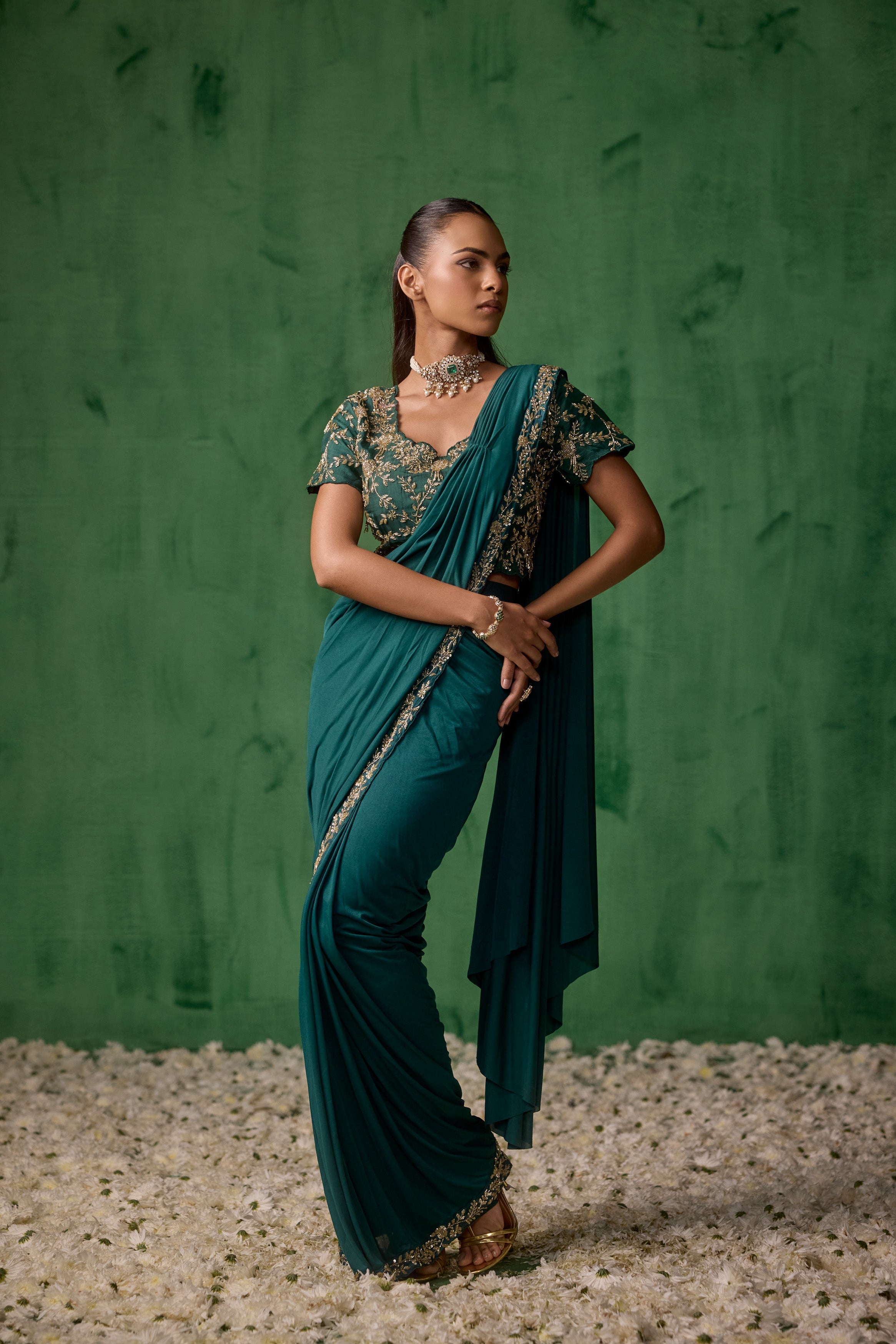 Emerald Teal Embellished Lycra Silk Draped Saree