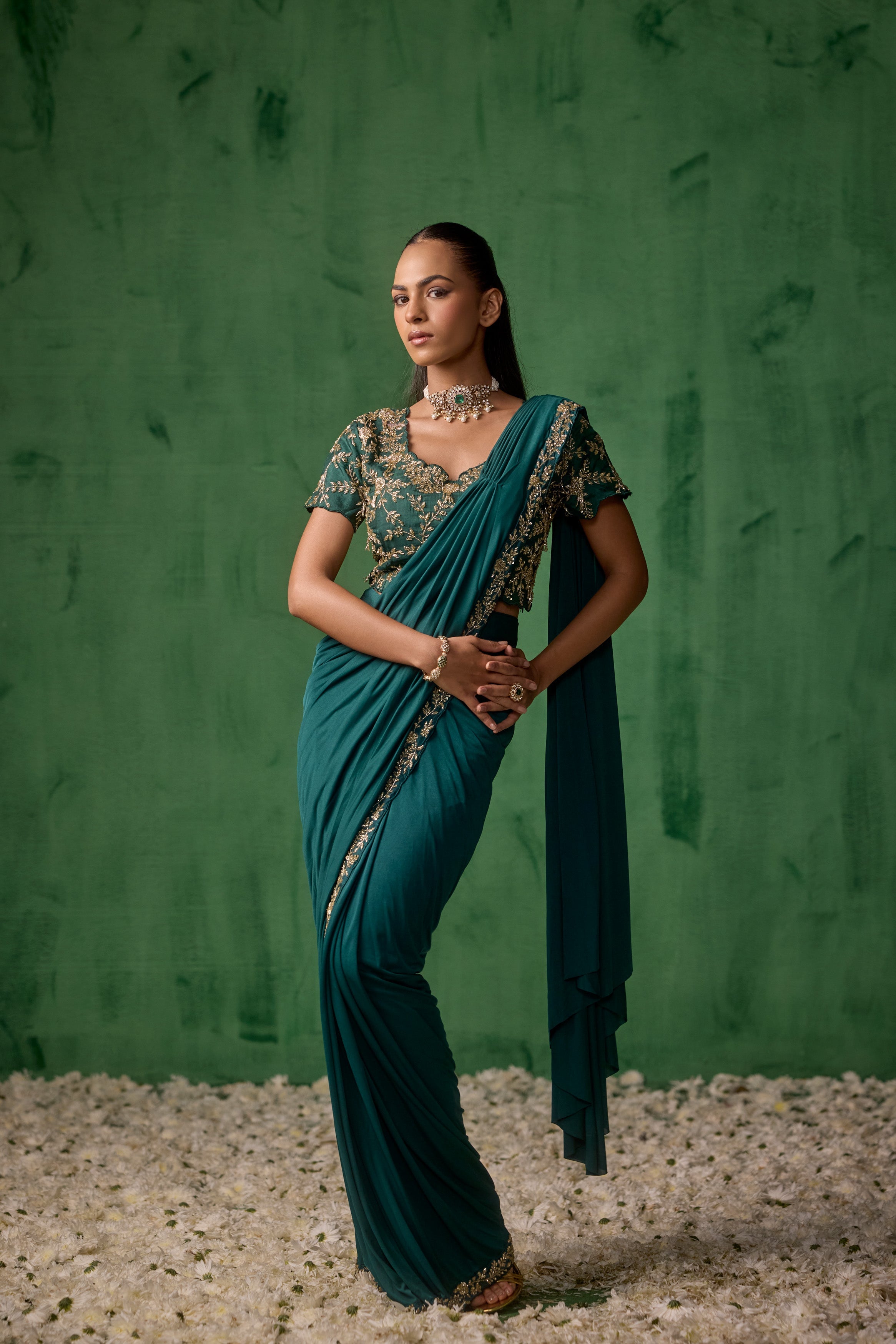 Emerald Teal Embellished Lycra Silk Draped Saree
