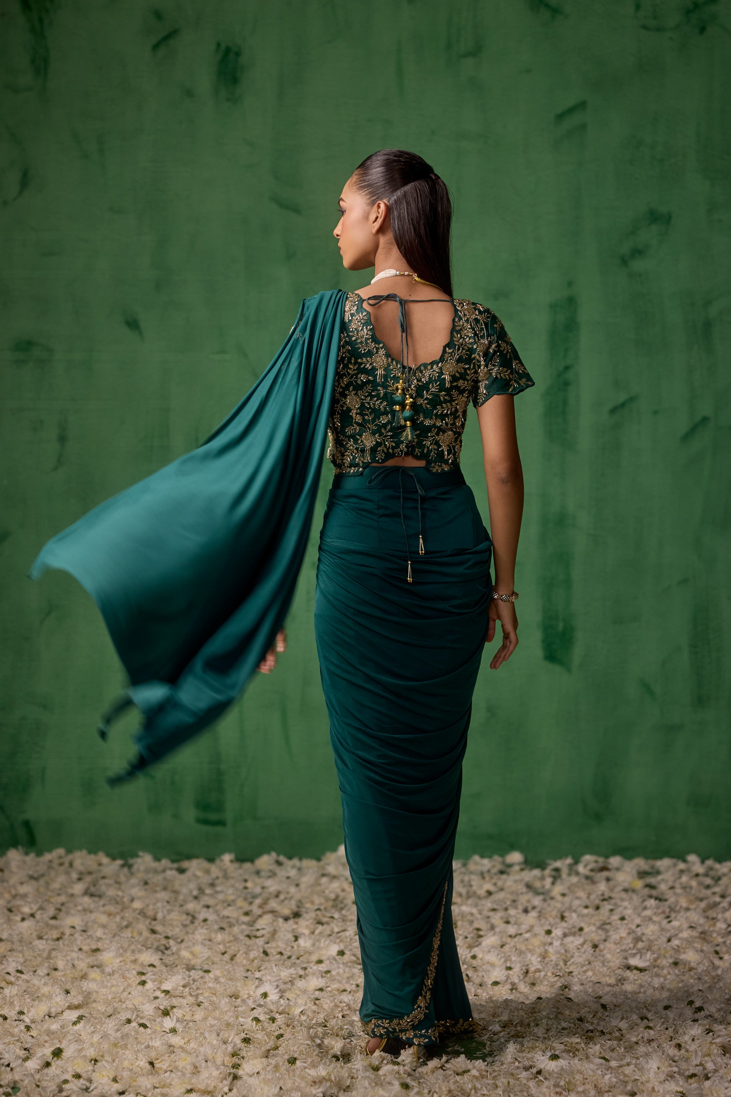 Emerald Teal Embellished Lycra Silk Draped Saree