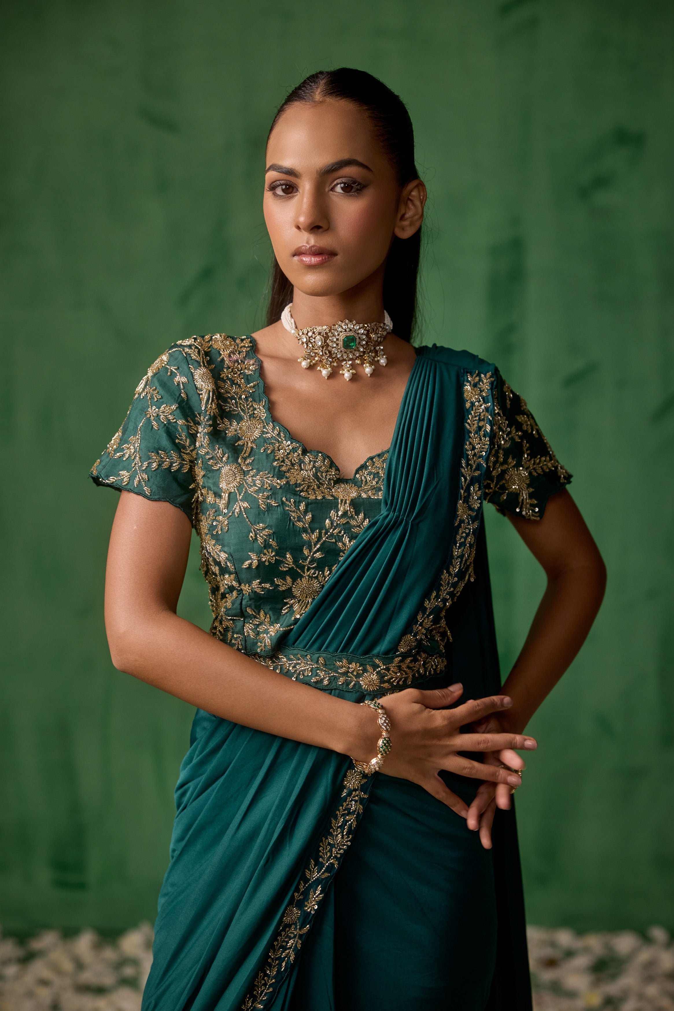 Emerald Teal Embellished Lycra Silk Draped Saree