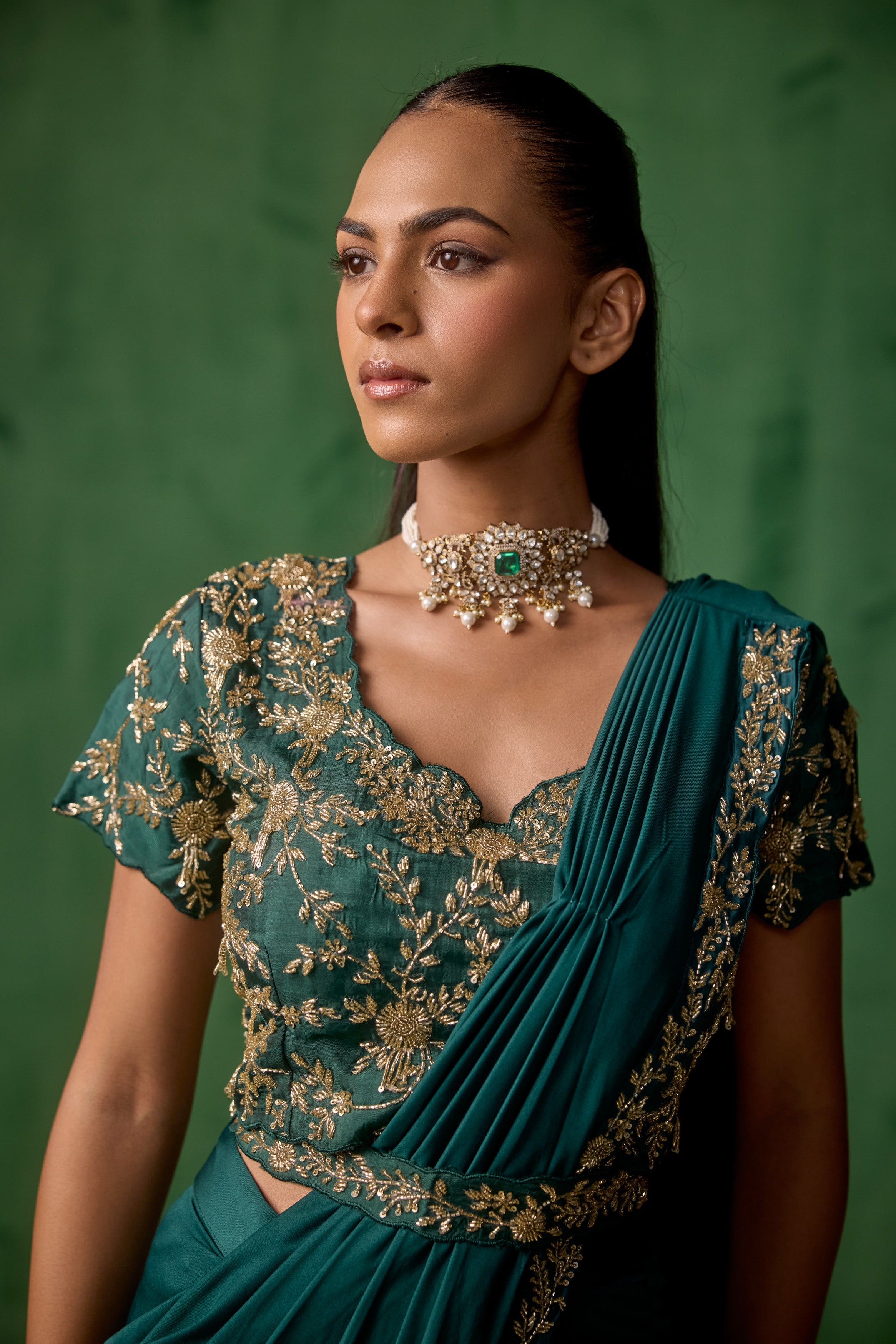 Emerald Teal Embellished Lycra Silk Draped Saree
