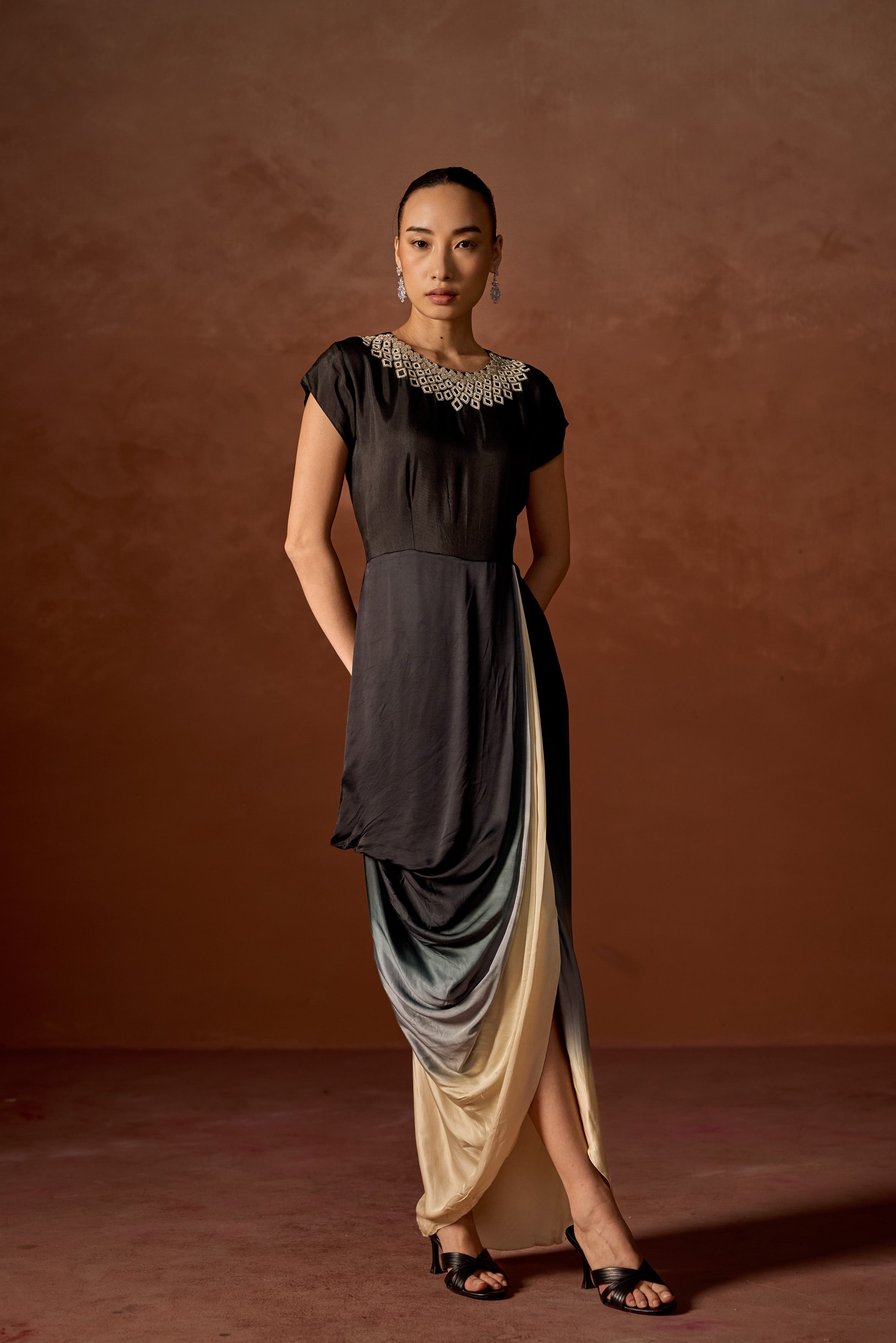 Charcoal Black Embellished Satin Silk Gown