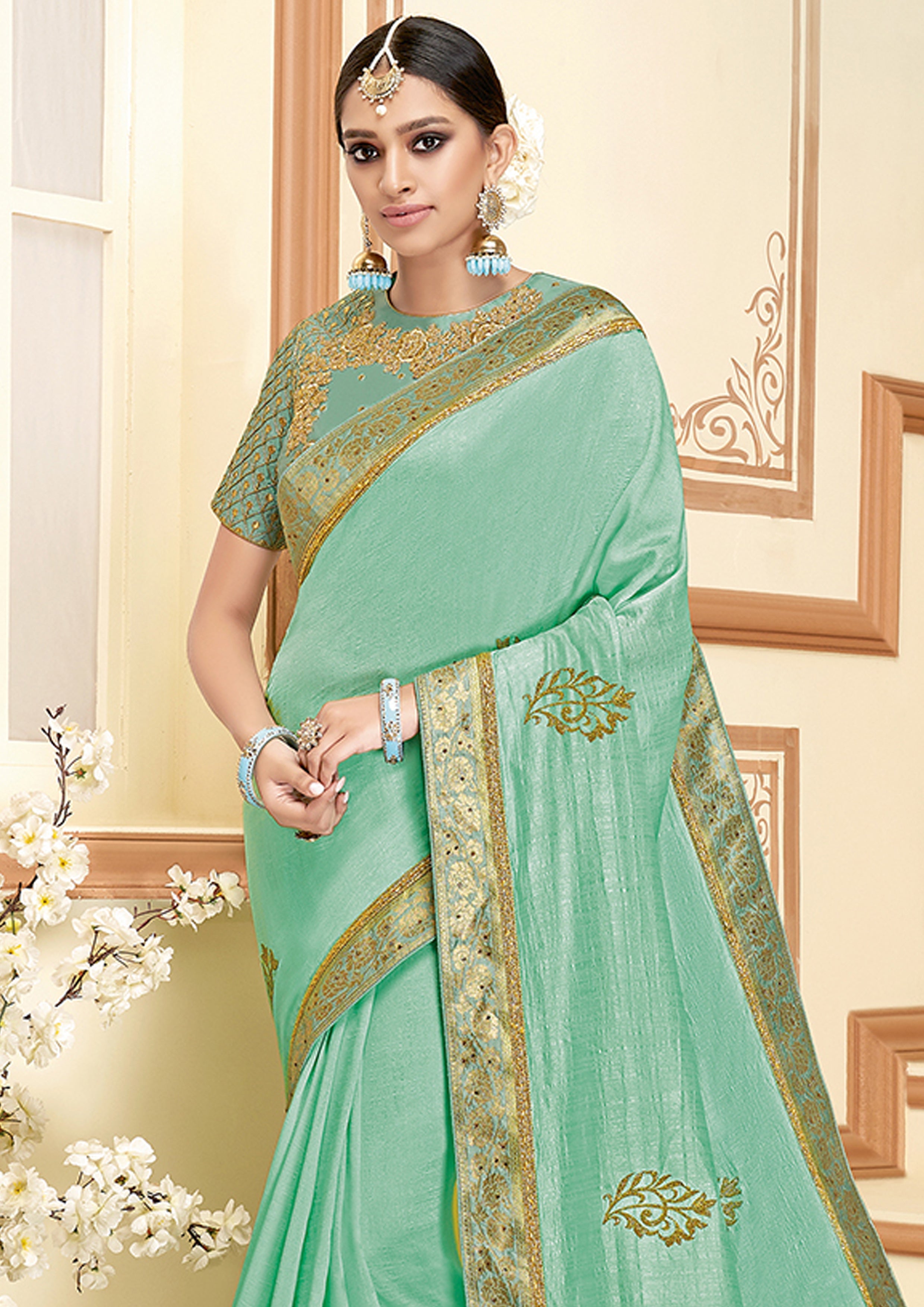 Sea Green Embellished Brocade Silk Saree