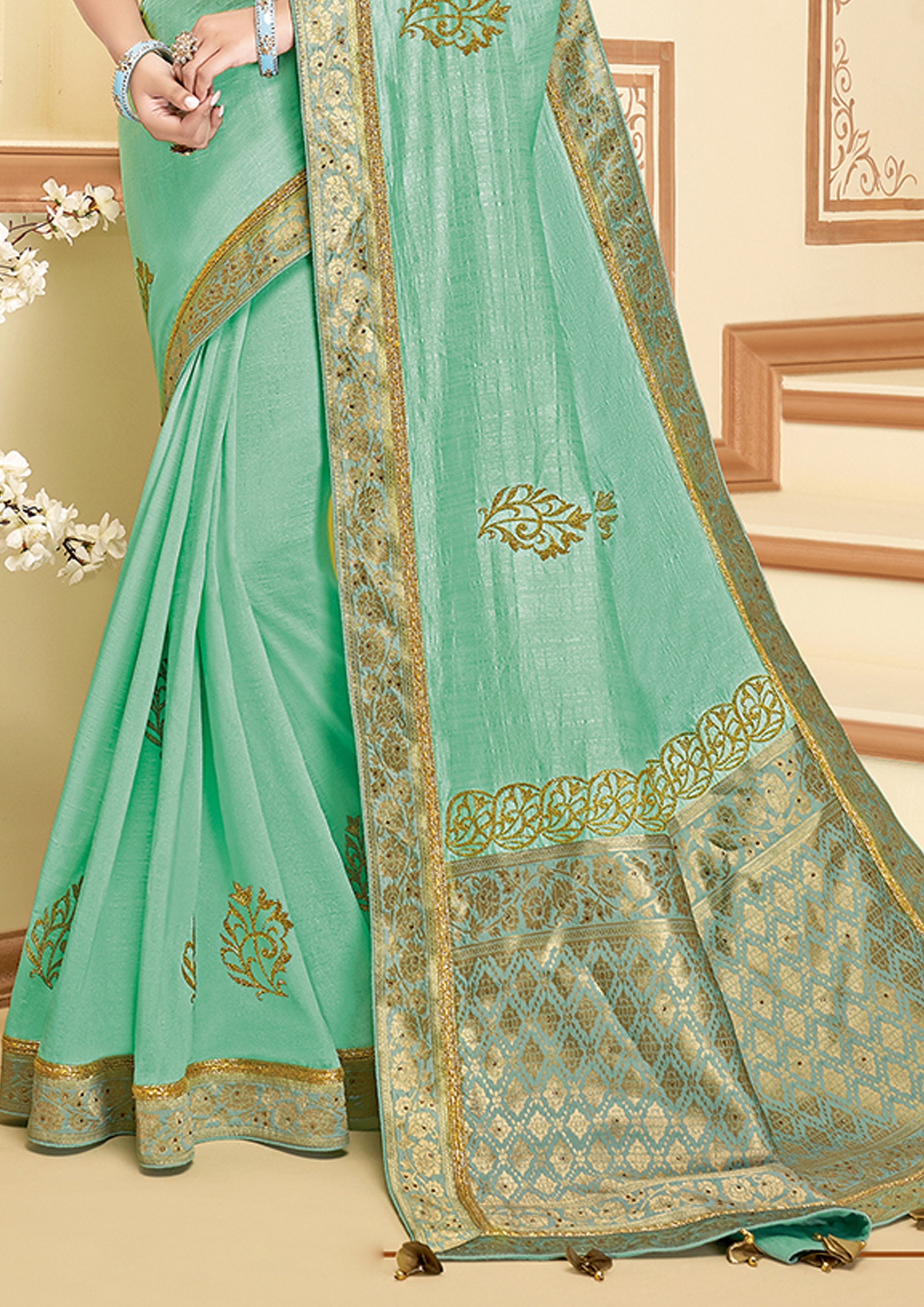 Sea Green Embellished Brocade Silk Saree