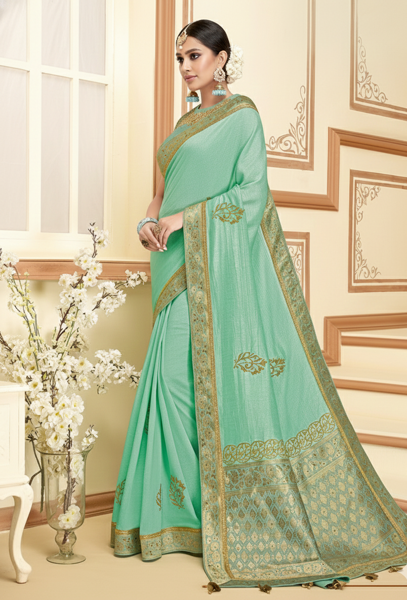 Sea Green Embellished Brocade Silk Saree