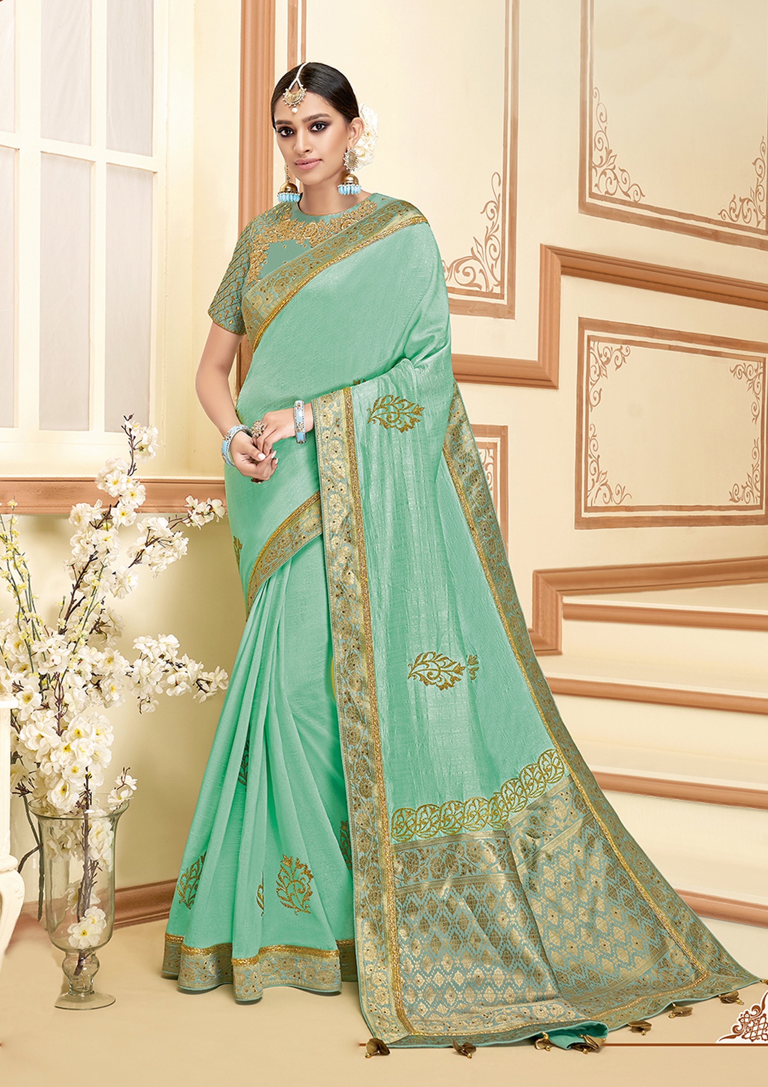Sea Green Embellished Brocade Silk Saree