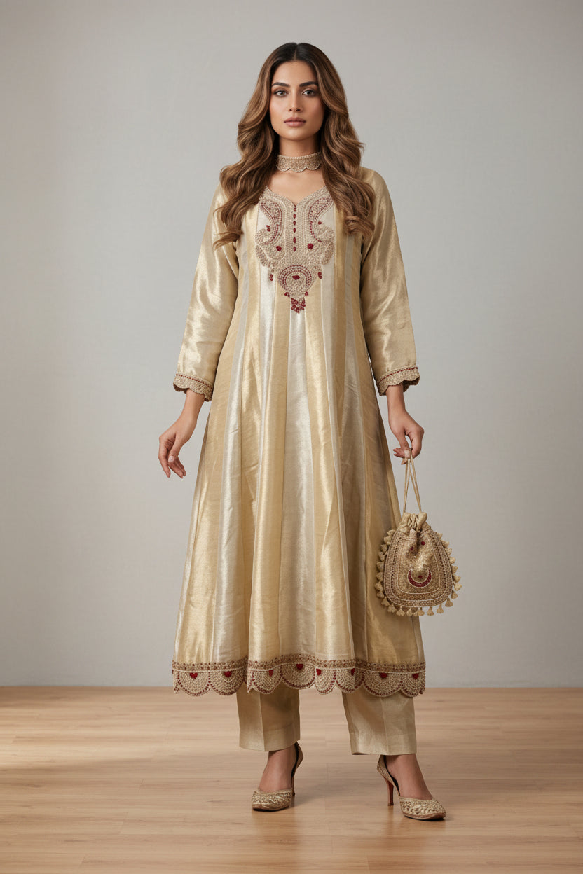 Ivory Silver Embellished Shimmer Tissue Silk Anarkali Set
