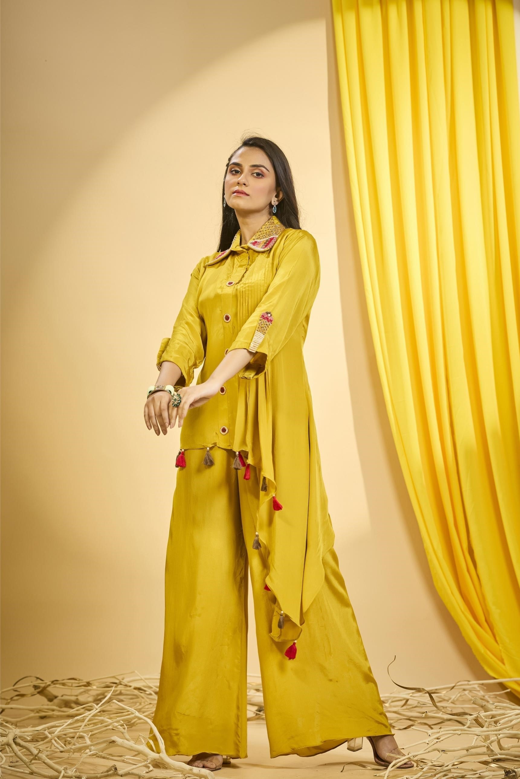 Bright Yellow Embroidered Spanish Silk Co-Ord Set