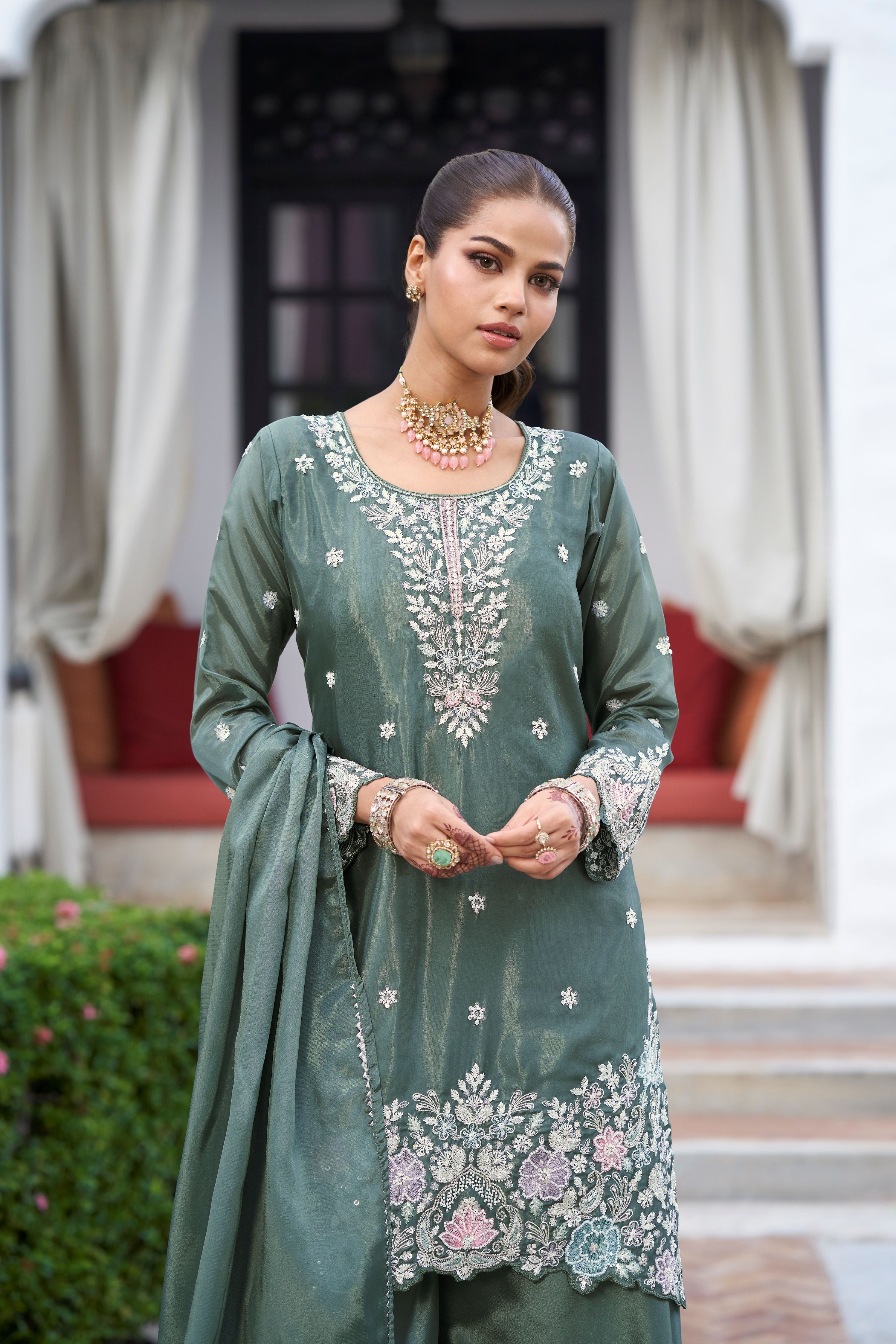 Sage Green Embellished Premium Silk Palazzo Set