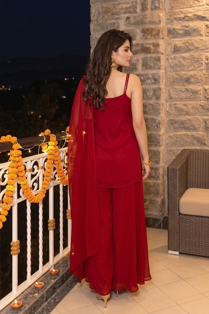 Ruby Red Embellished Georgette Silk Palazzo Set