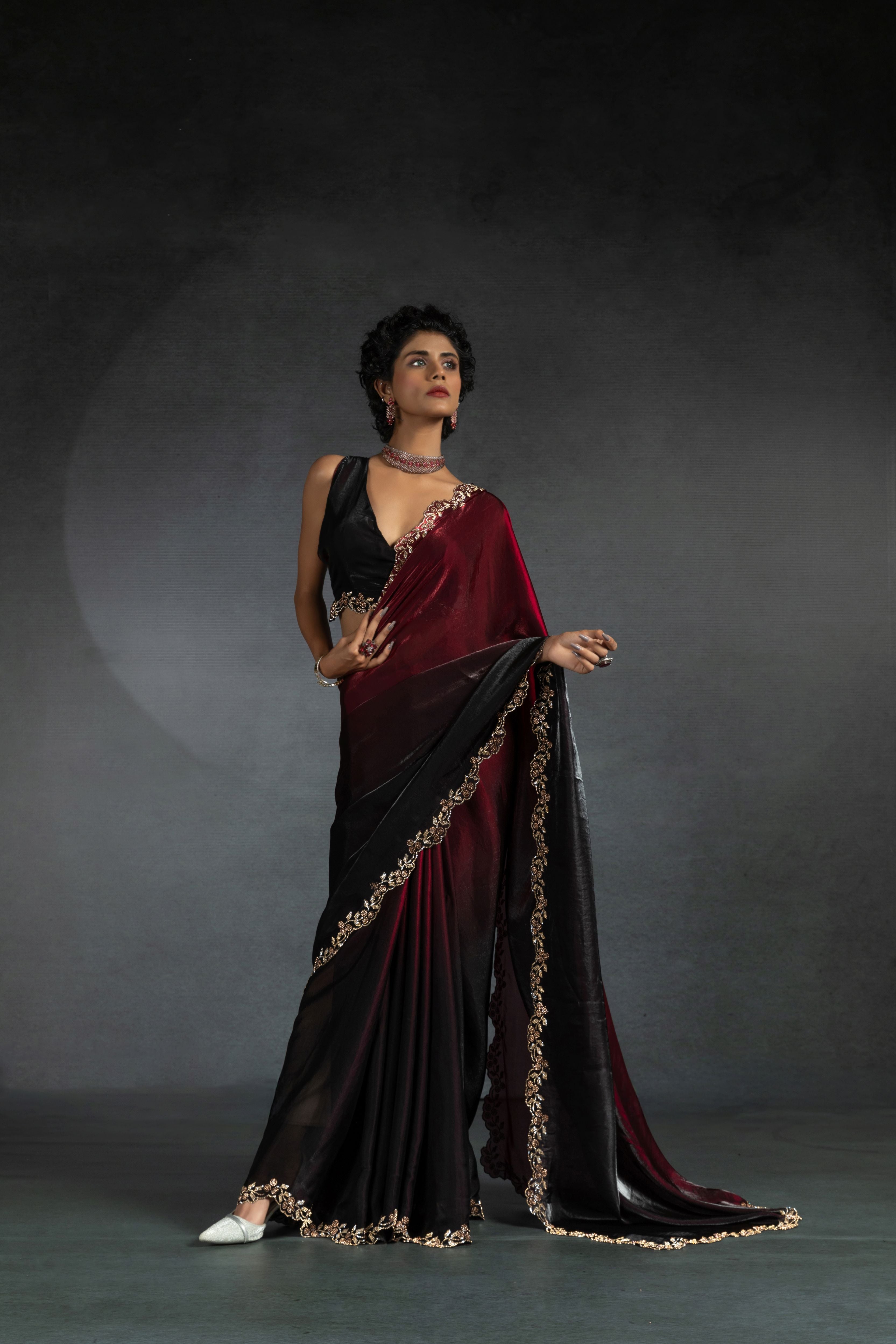 Crimson Ombre Embellished Satin Silk Saree
