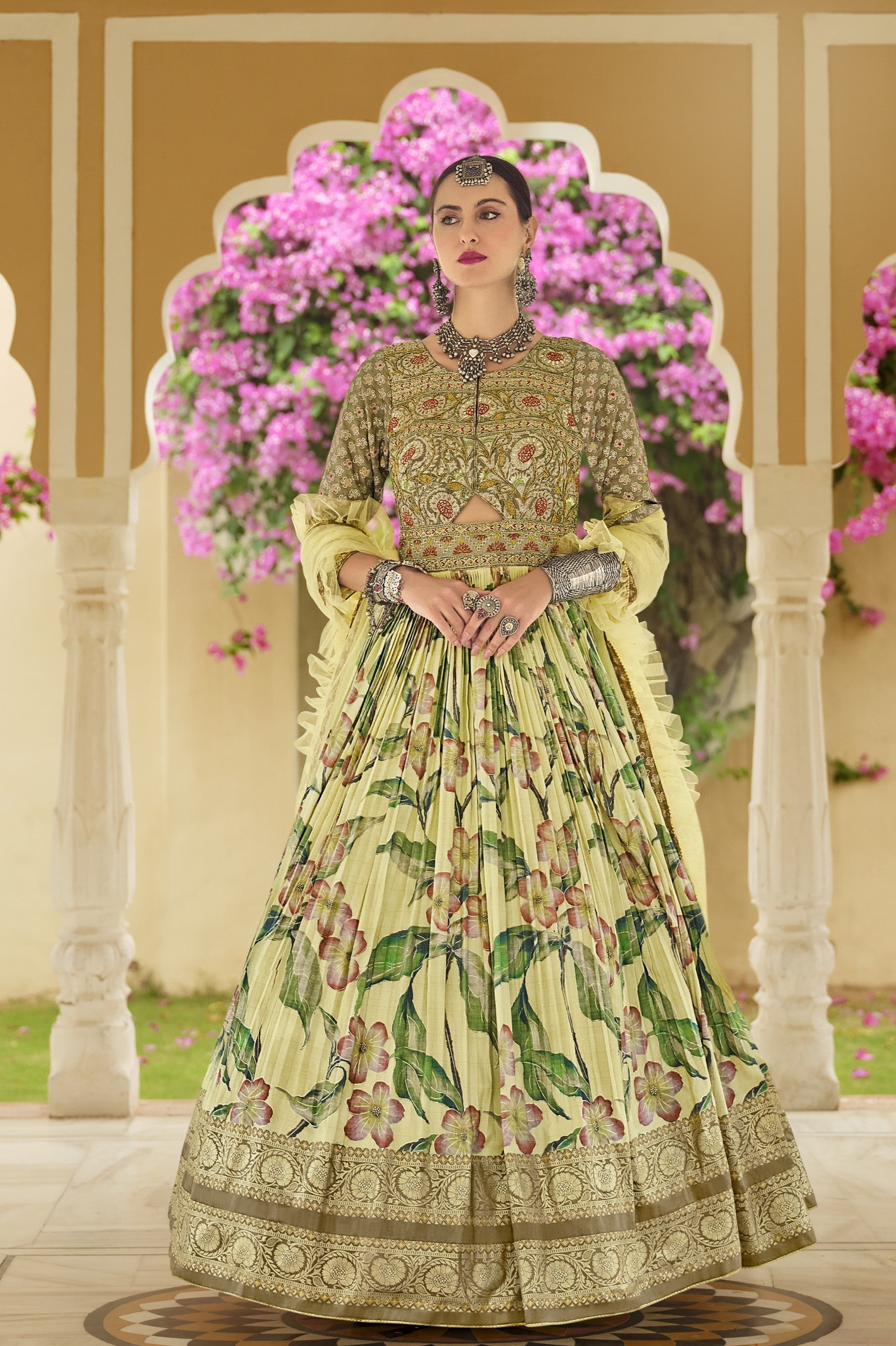 Spring Yellow Floral Printed Premium Silk Anarkali Set