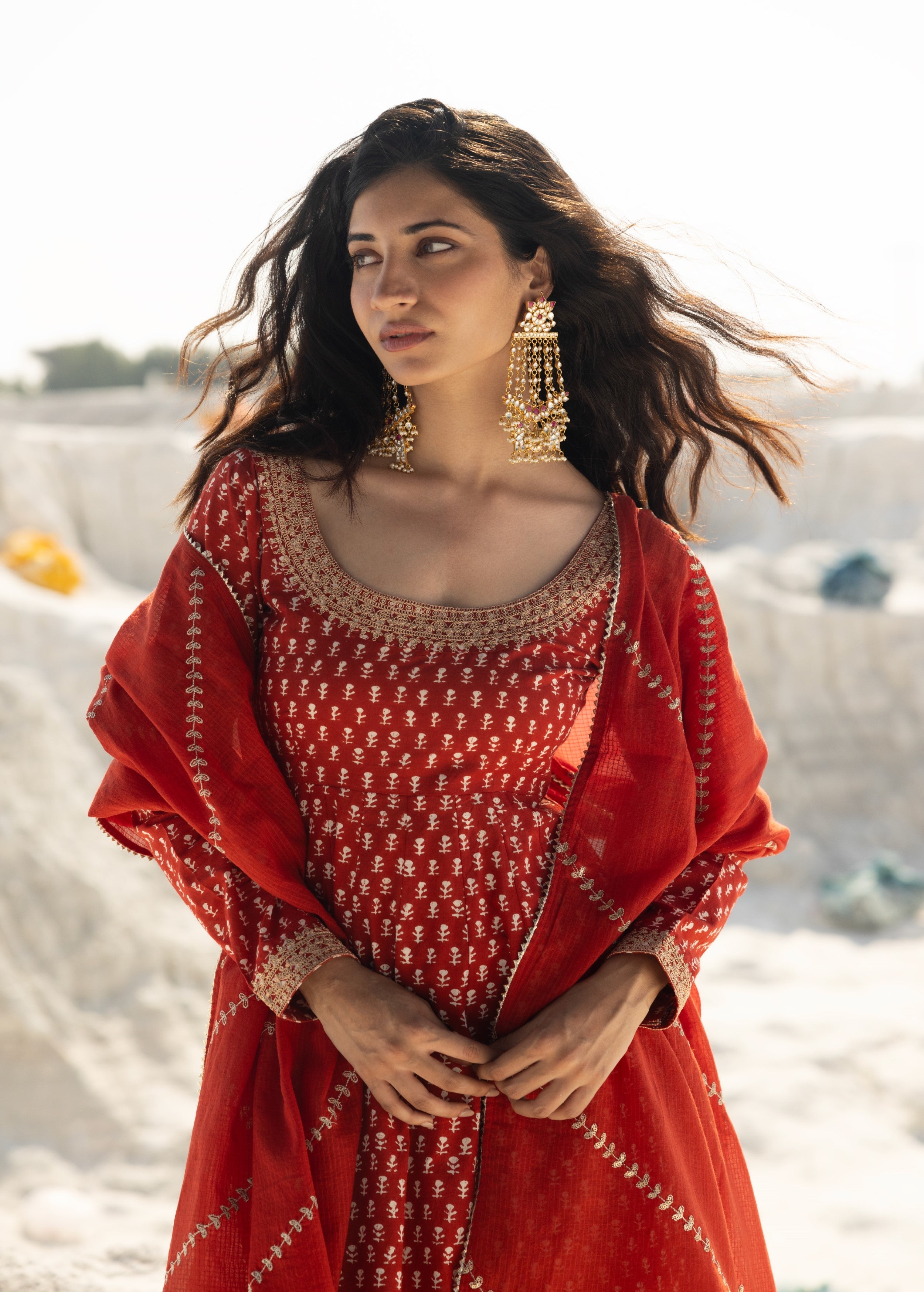 Crimson Red Embellished Organic Cotton Anarkali Set