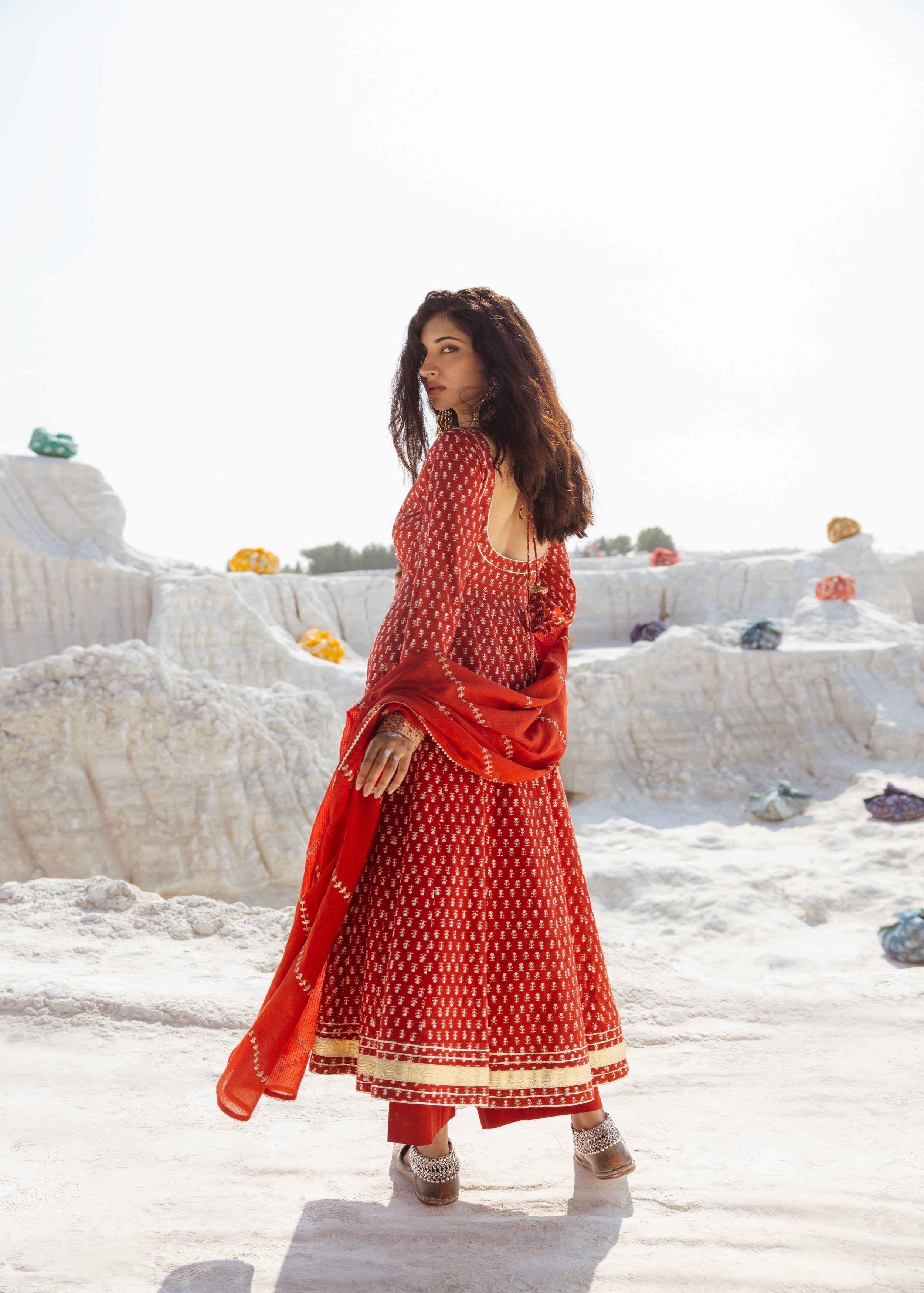 Crimson Red Embellished Organic Cotton Anarkali Set