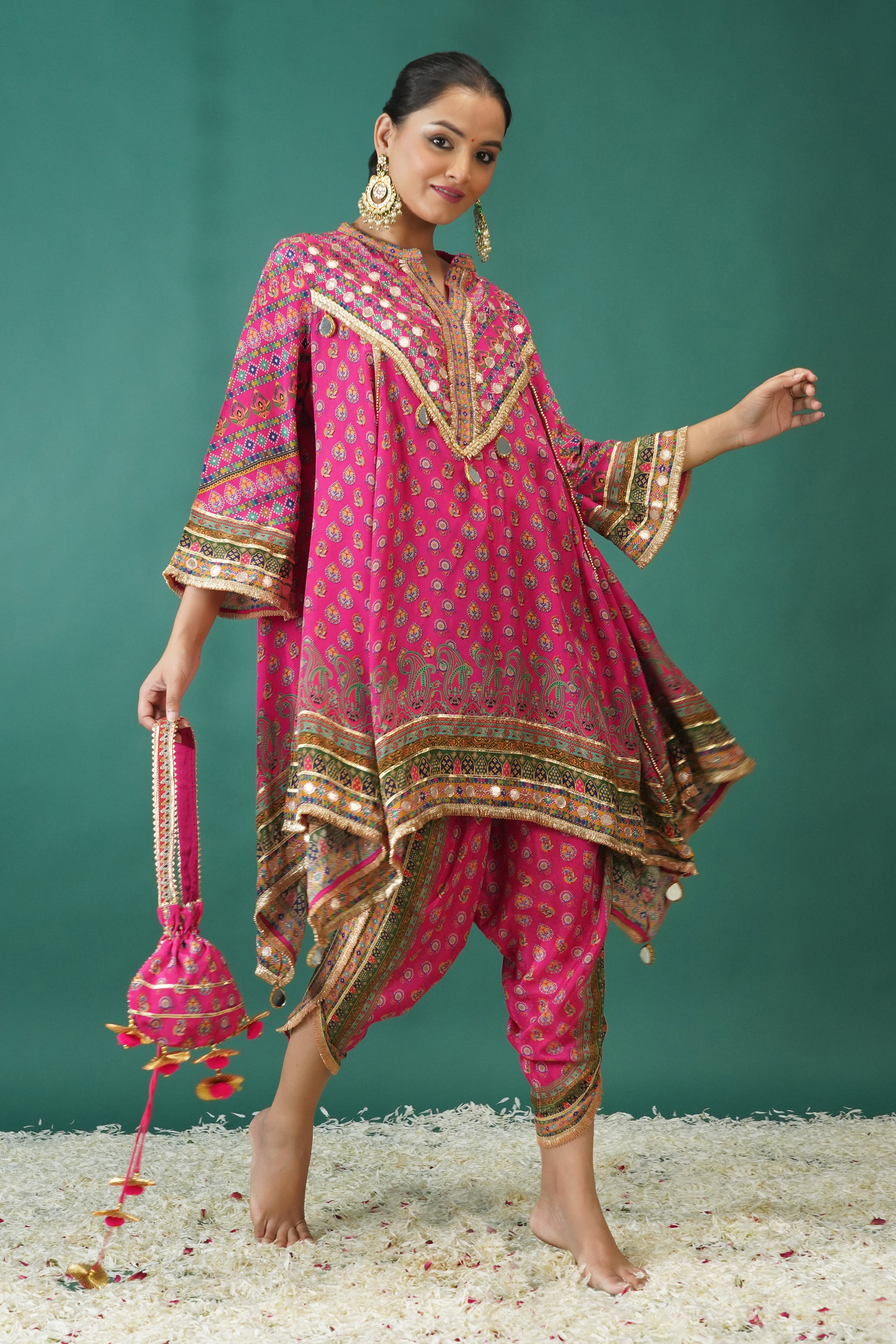 Rani Pink Ethnic Printed Crepe Silk Dhoti Set