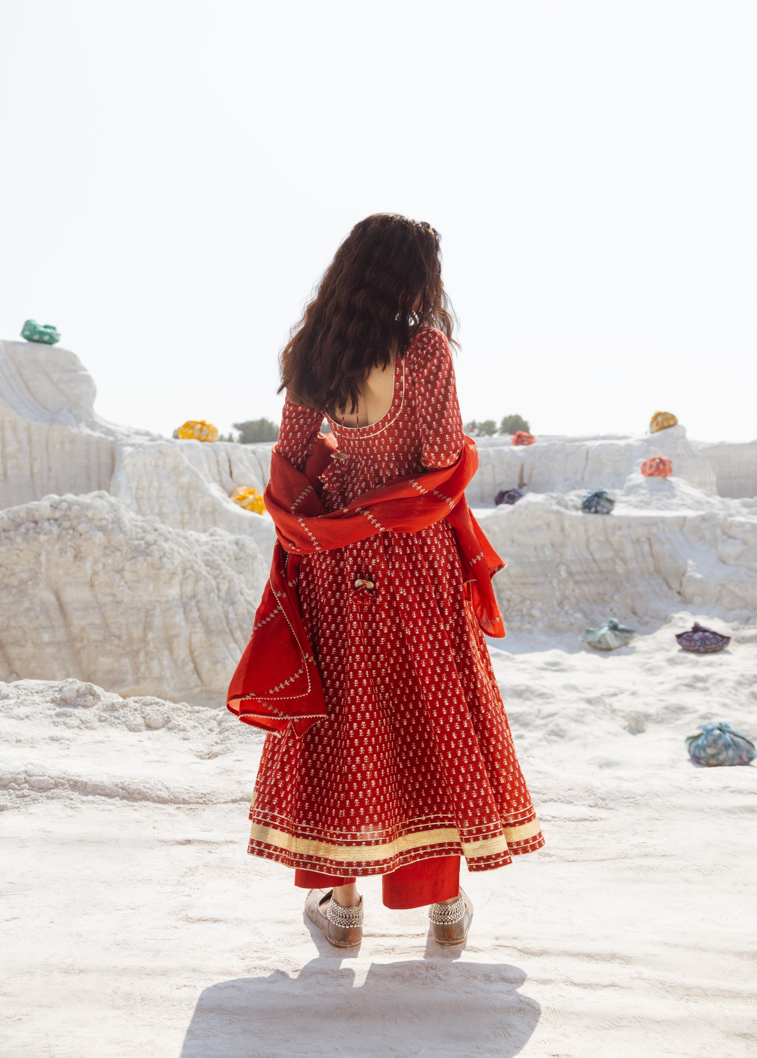 Crimson Red Embellished Organic Cotton Anarkali Set