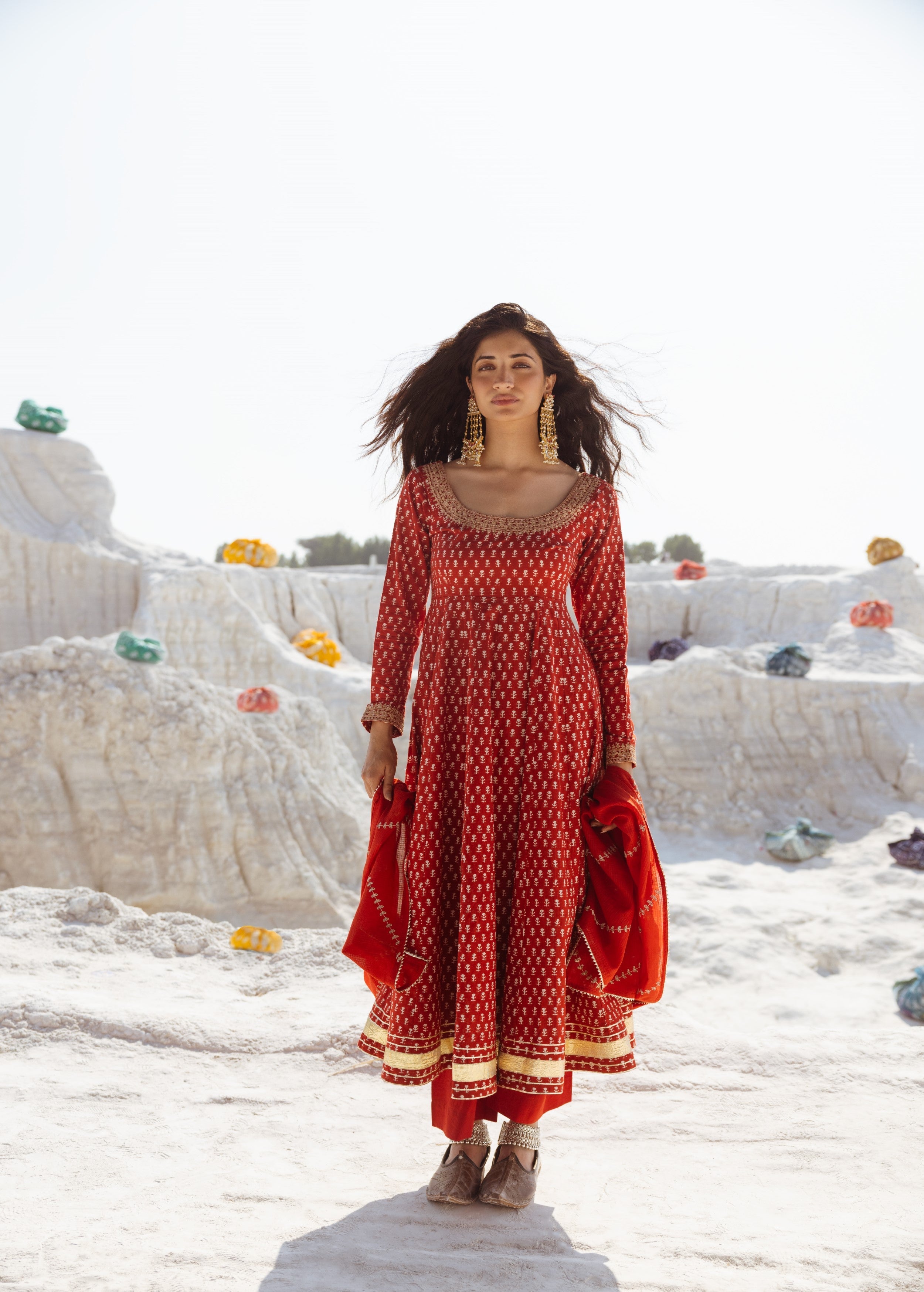 Crimson Red Embellished Organic Cotton Anarkali Set