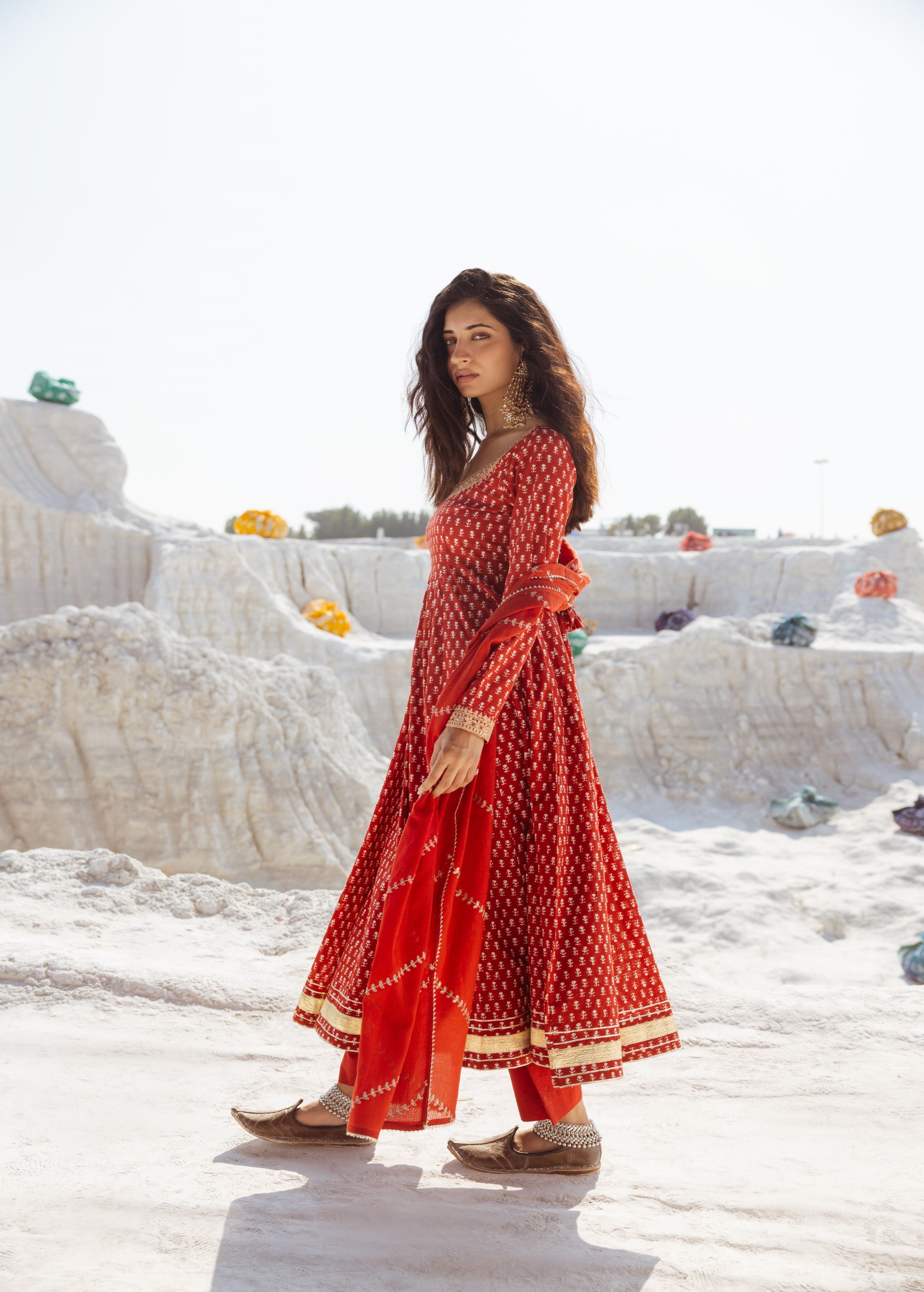 Crimson Red Embellished Organic Cotton Anarkali Set