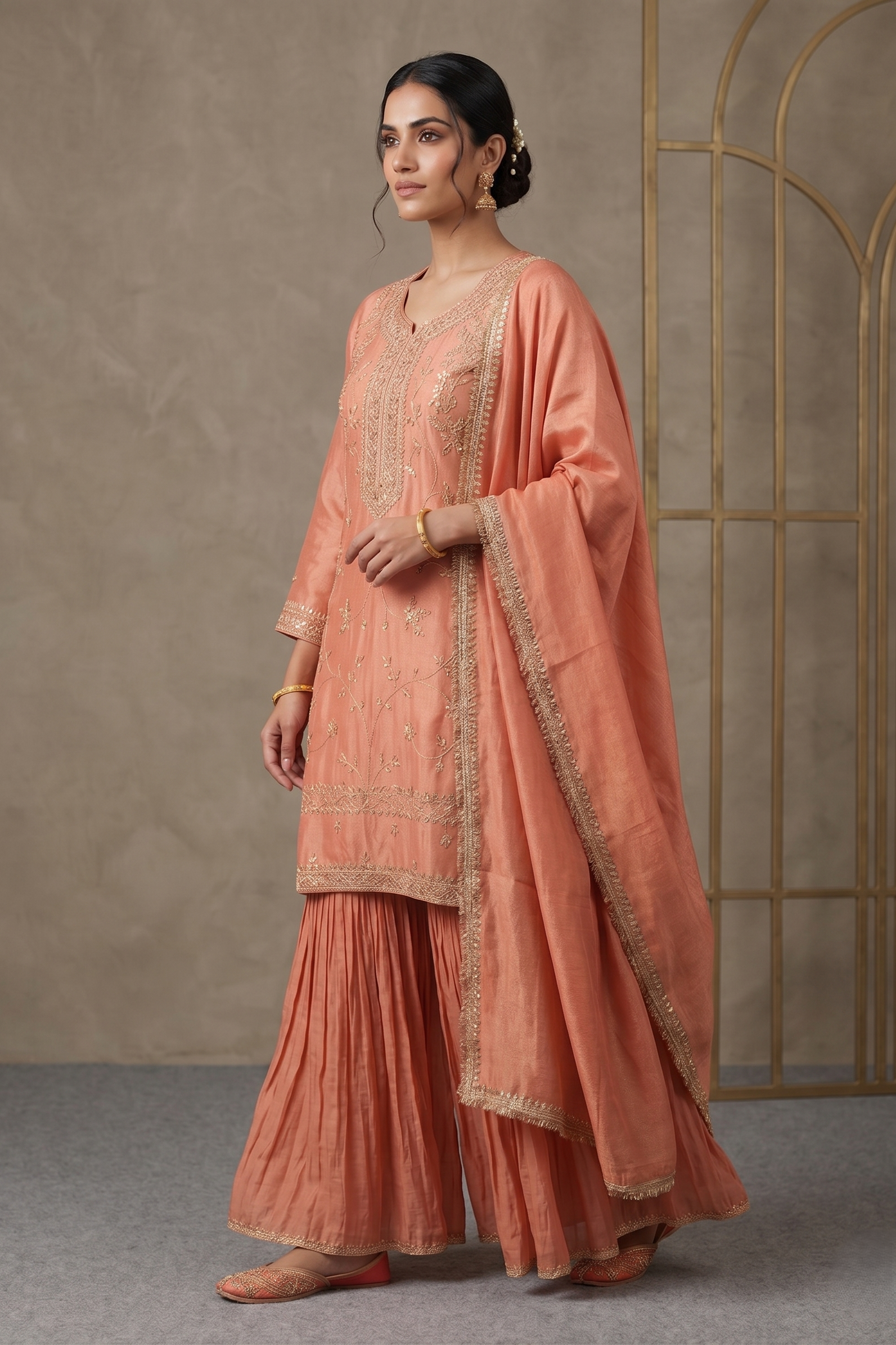 Soft Peach Tissue Silk Sharara Set