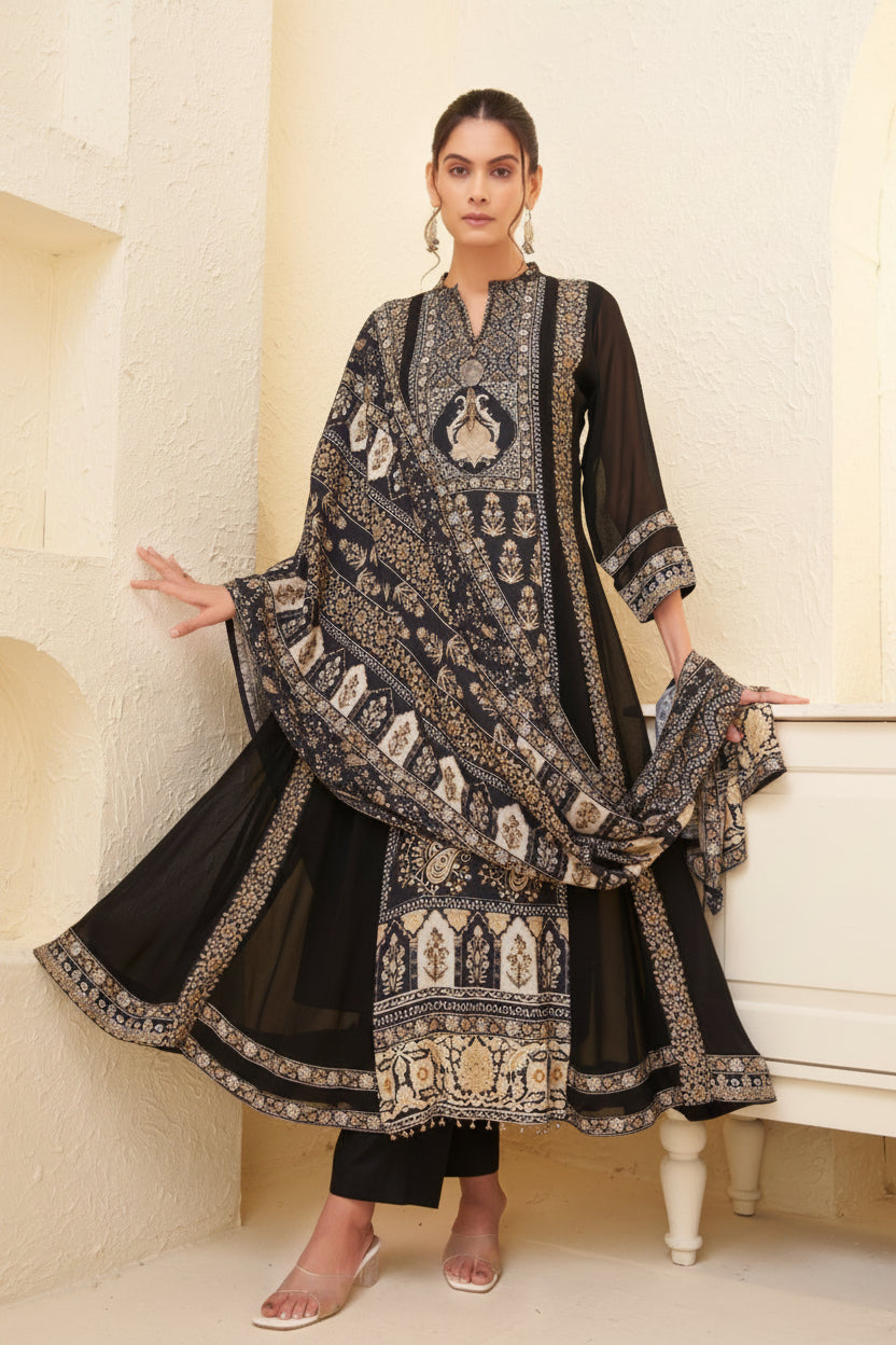 Onyx Black Embellished Georgette Silk Anarkali Set