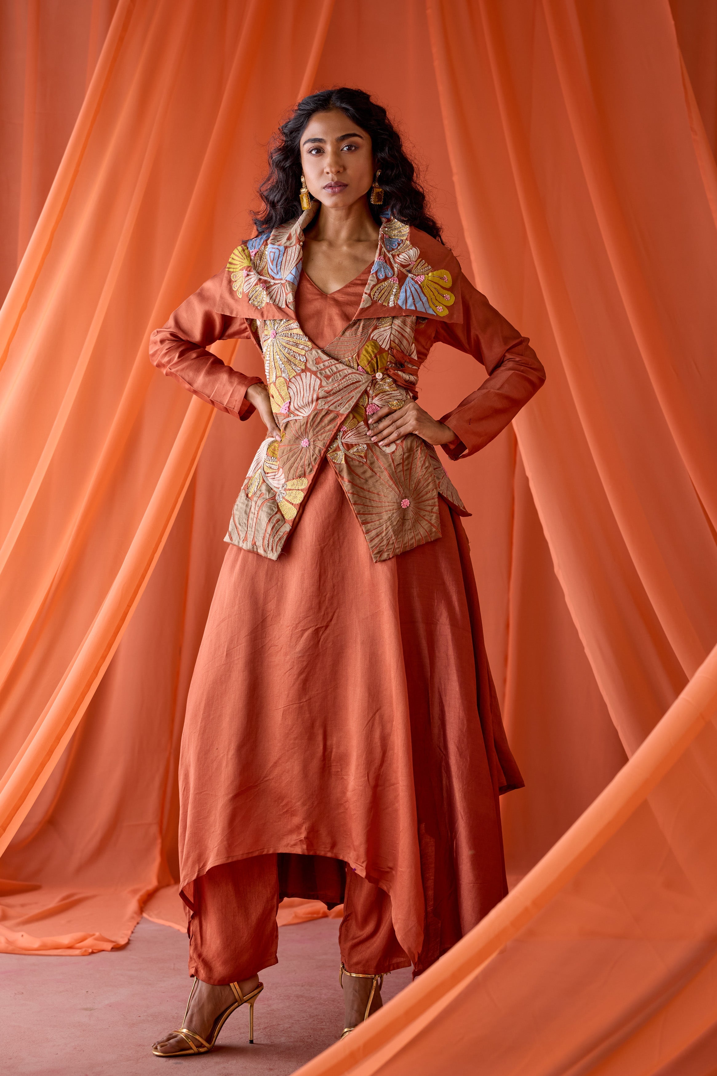 Rust Orange Embellished Raw Silk Tunic Set