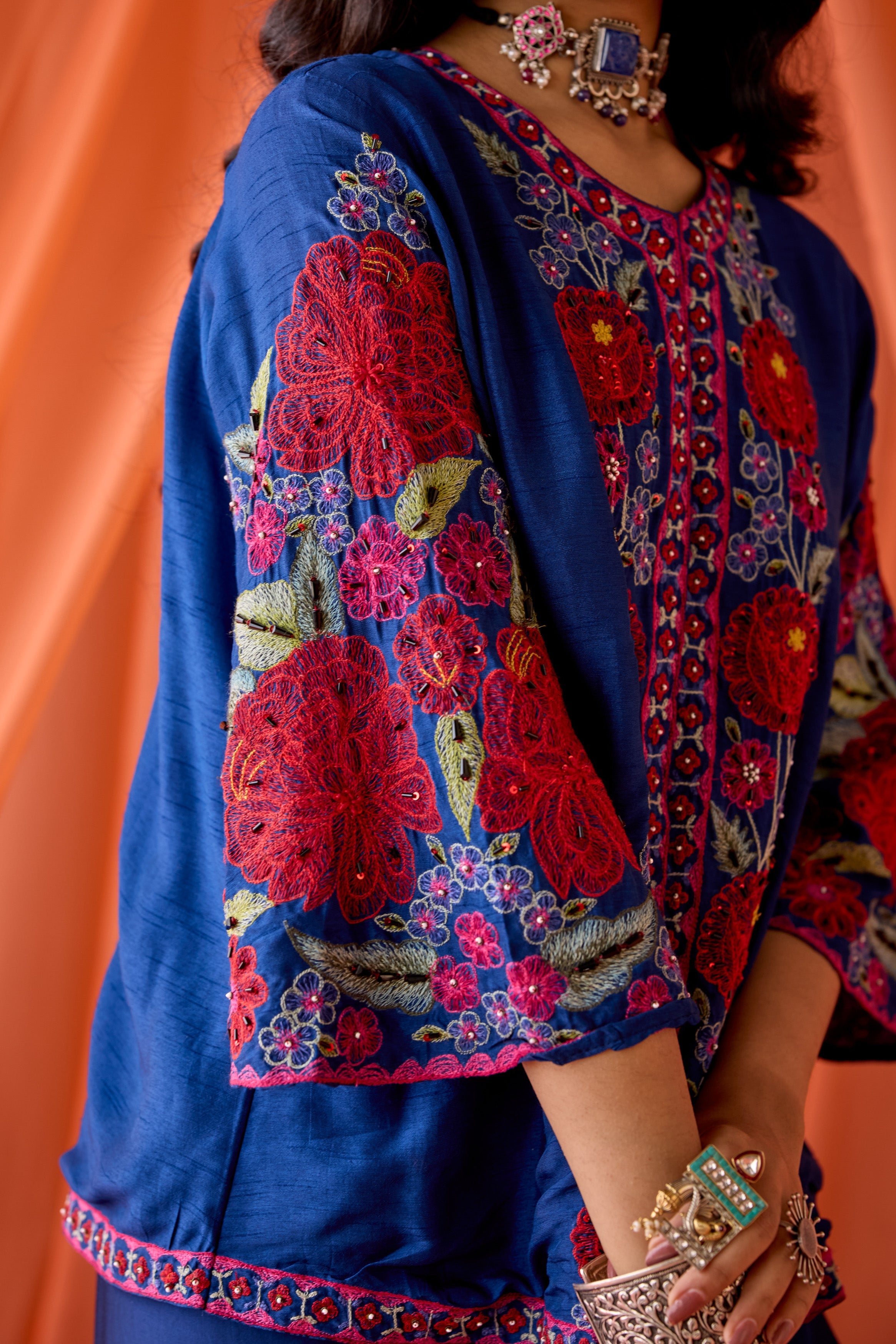 Royal Blue Embellished Satin Silk Skirt Set