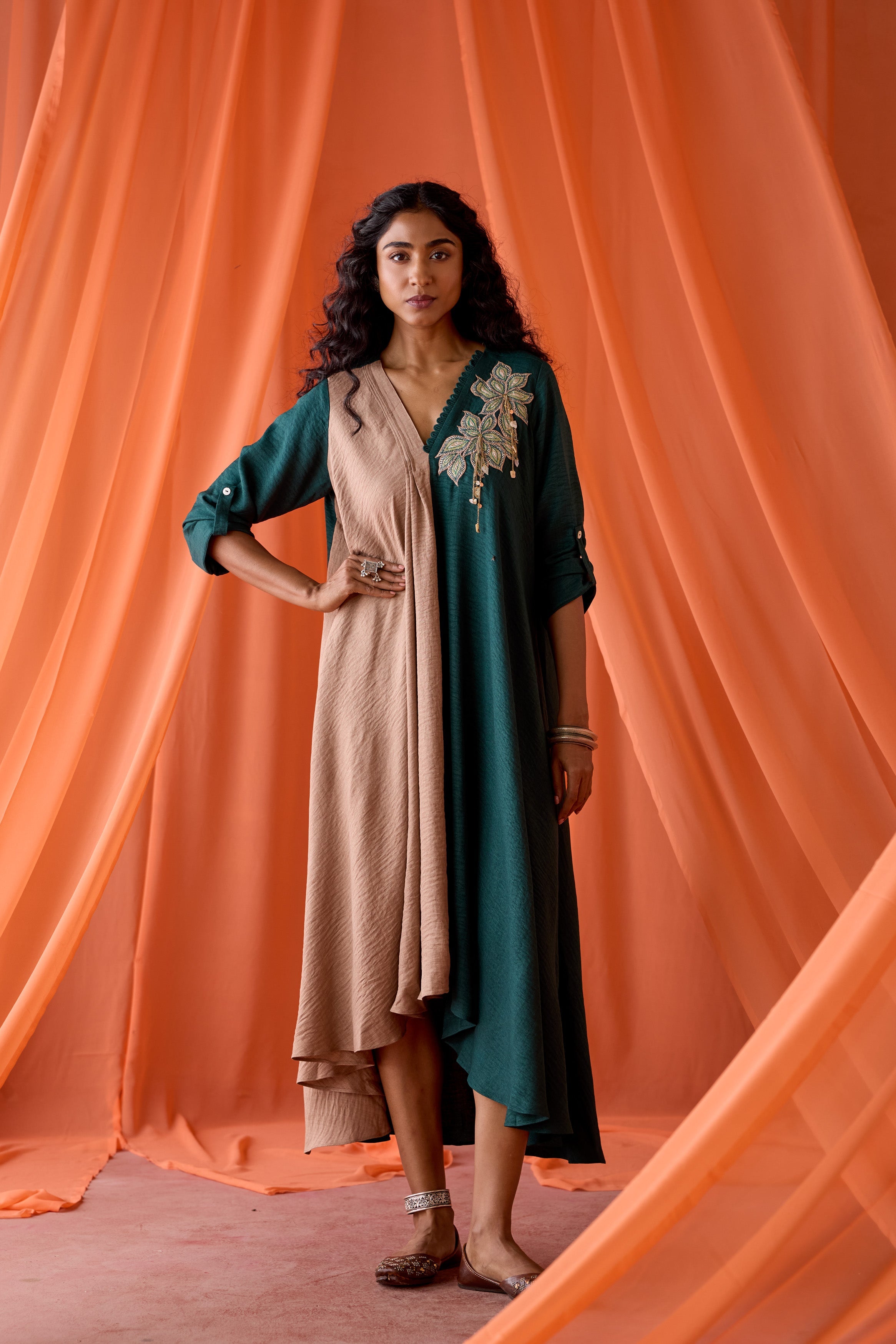Pine Green Embellished Premium Silk Dress