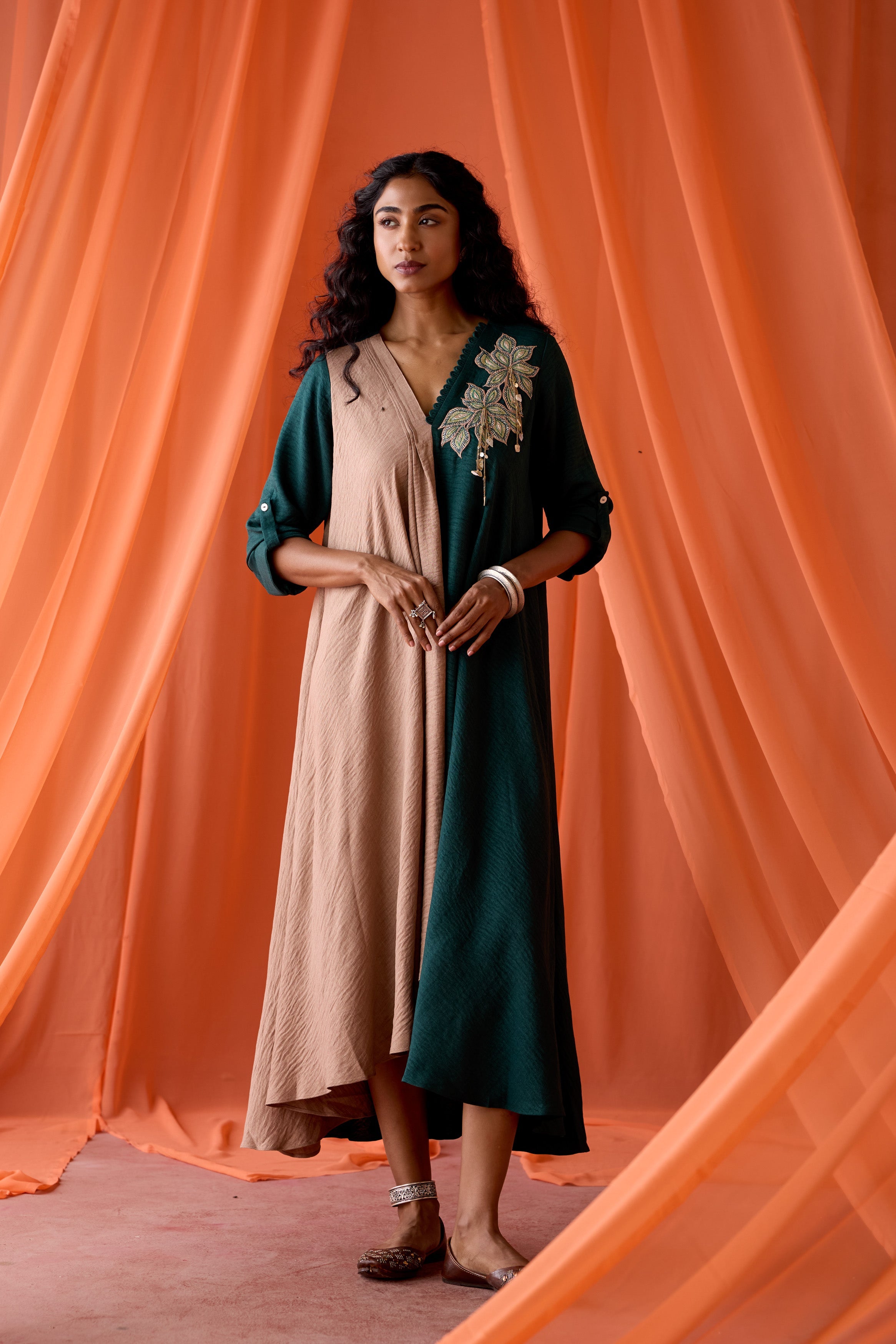 Pine Green Embellished Premium Silk Dress