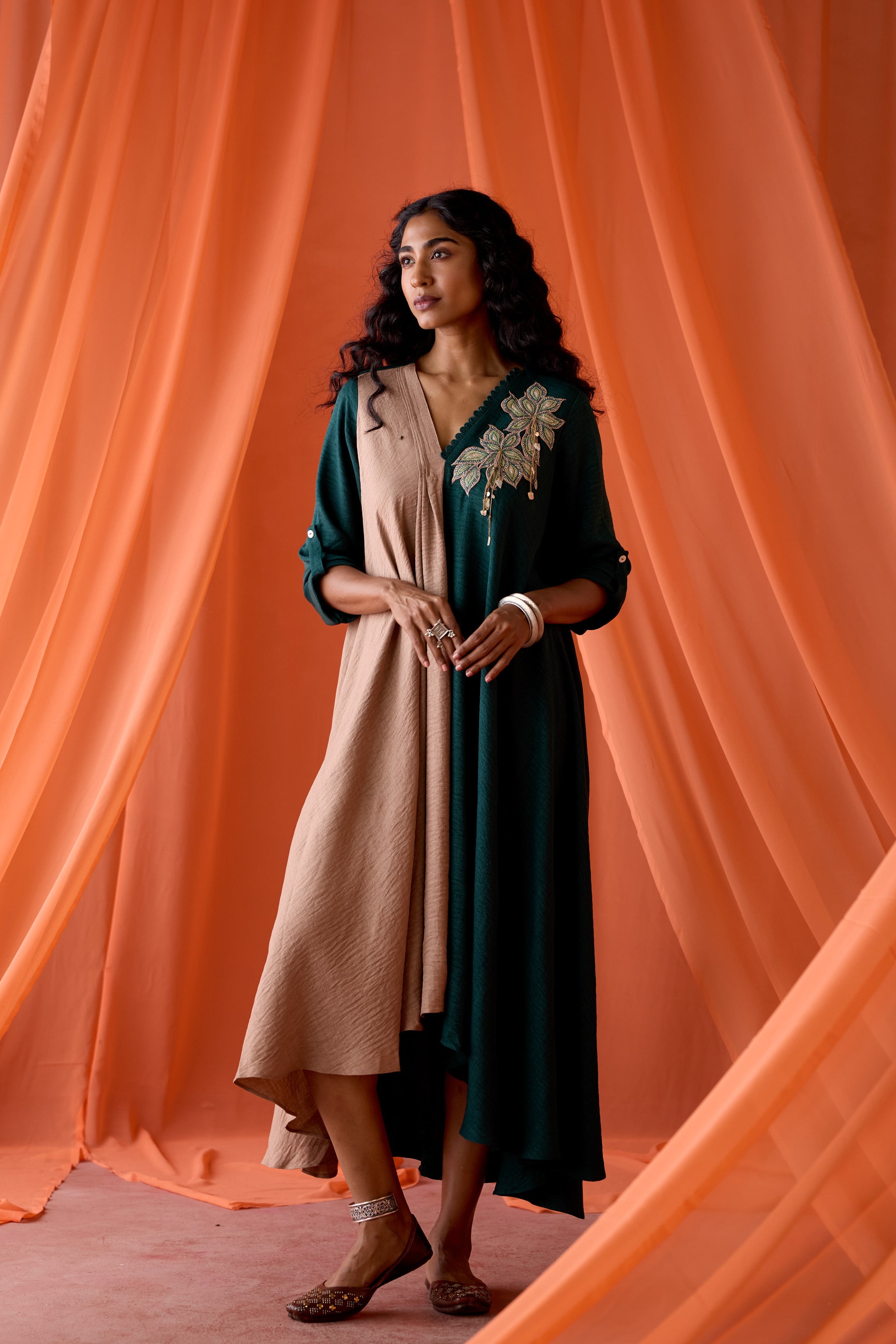 Pine Green Embellished Premium Silk Dress