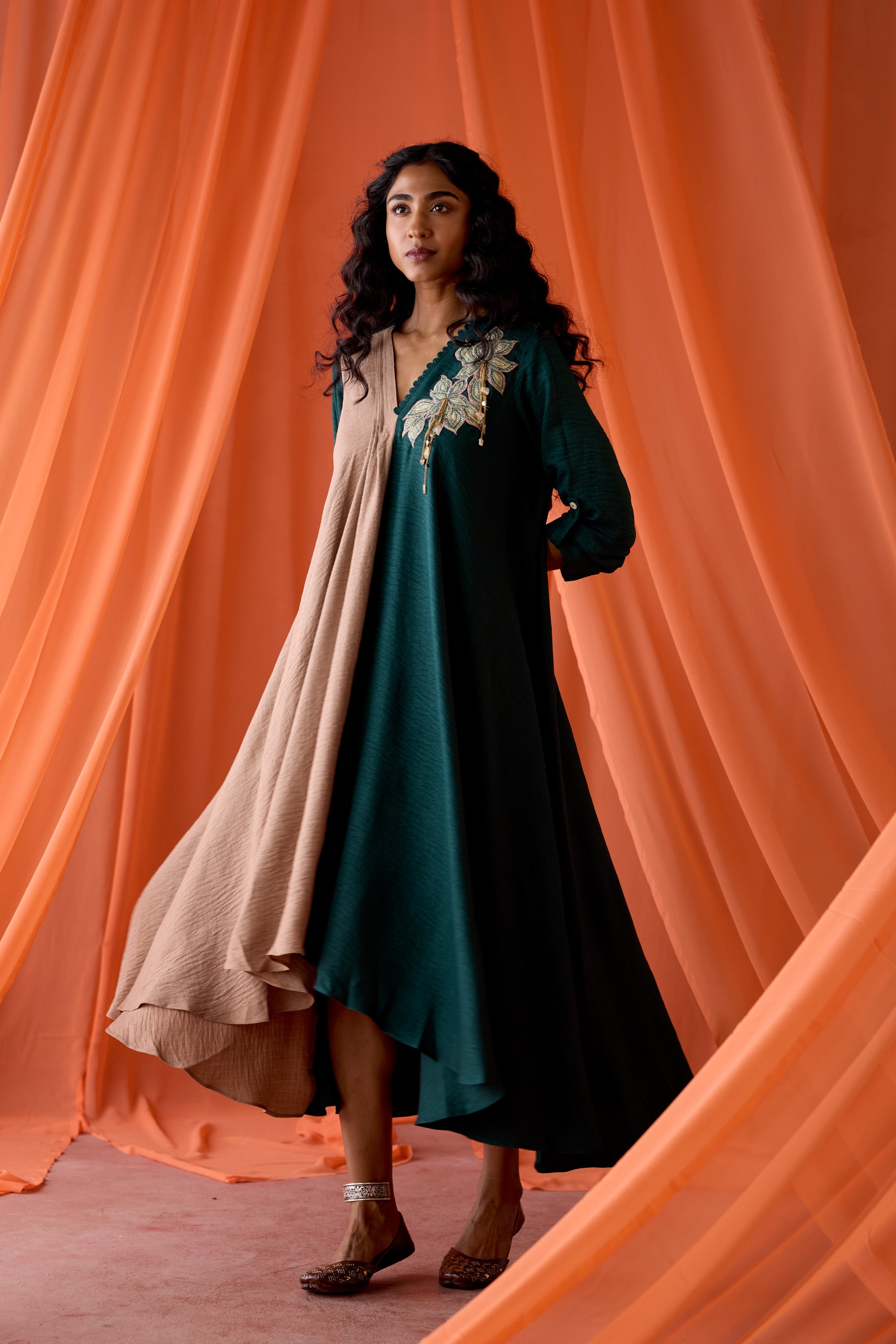 Pine Green Embellished Premium Silk Dress
