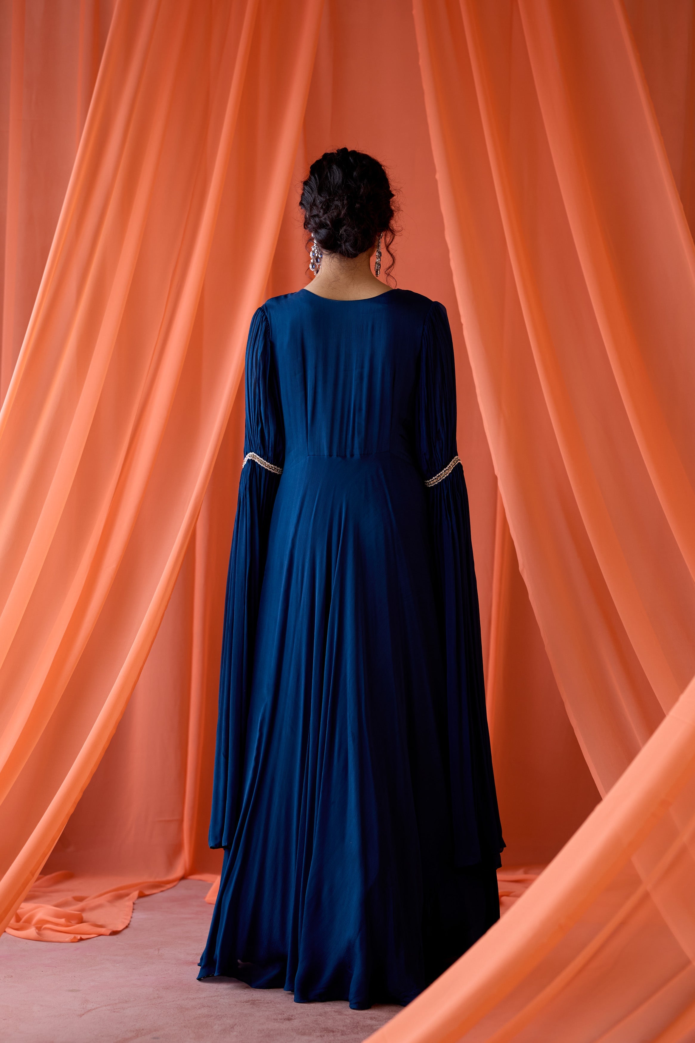 Deep Navy Blue Embellished Chinon Silk Gown