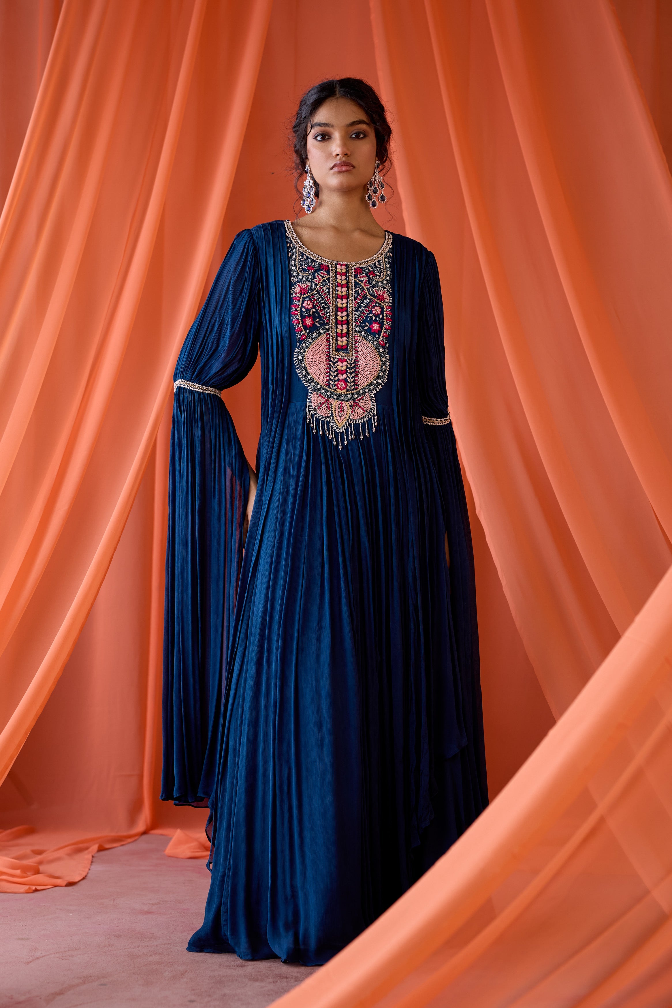 Deep Navy Blue Embellished Chinon Silk Gown