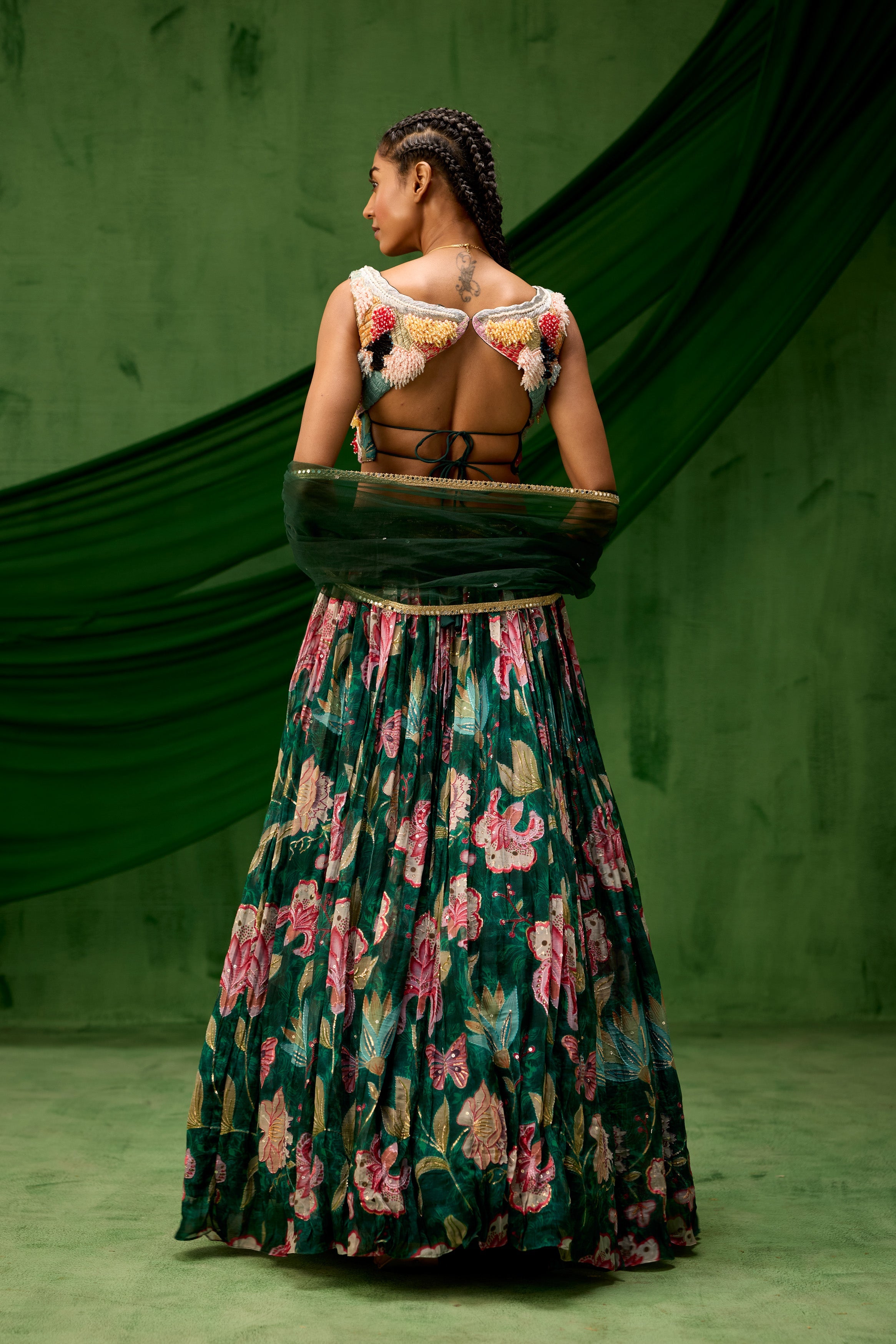 Emerald Green Embellished Soft Organza Silk Lehenga Set