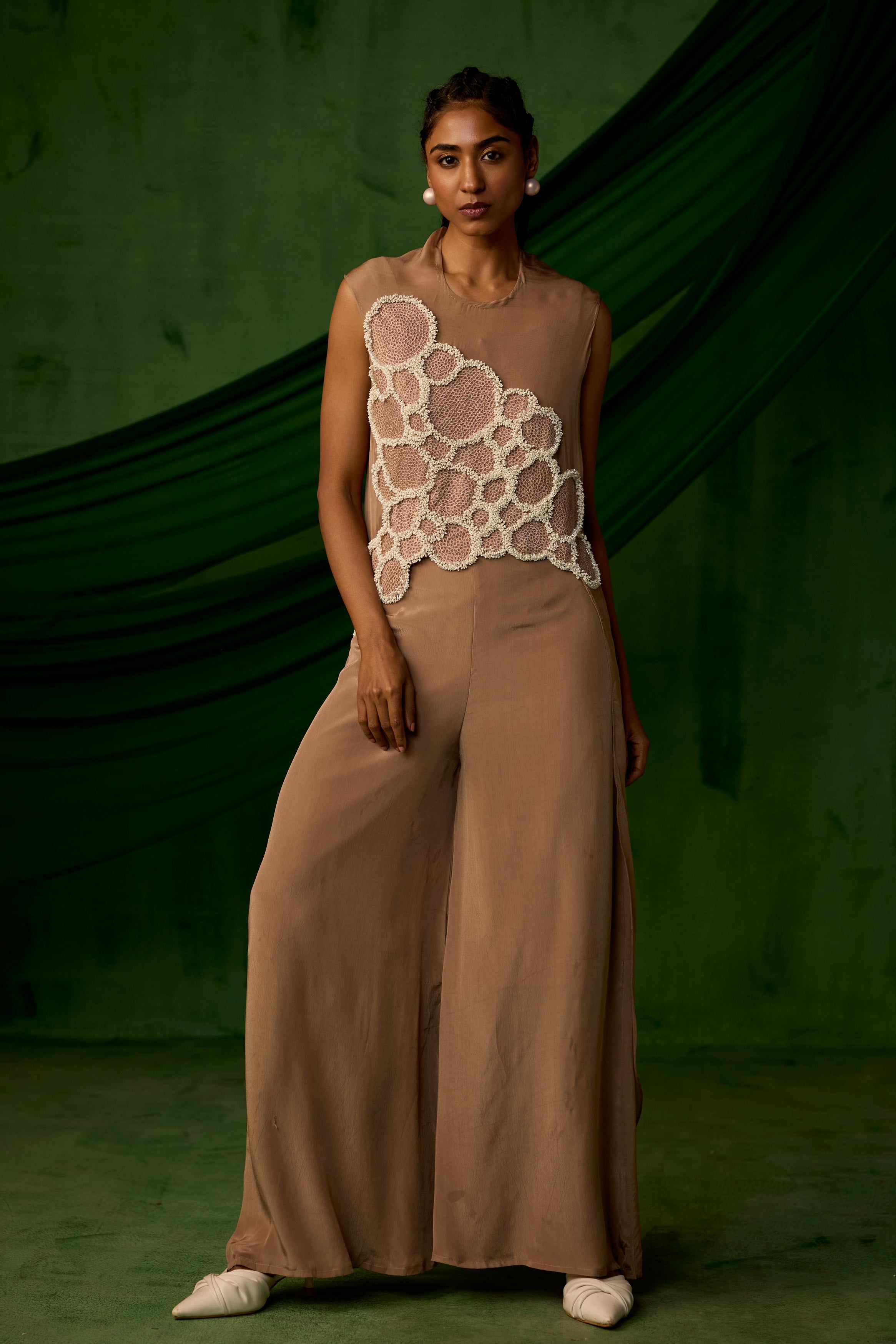 Soft Brown Embellished Premium Crepe Silk Co-Ord Set