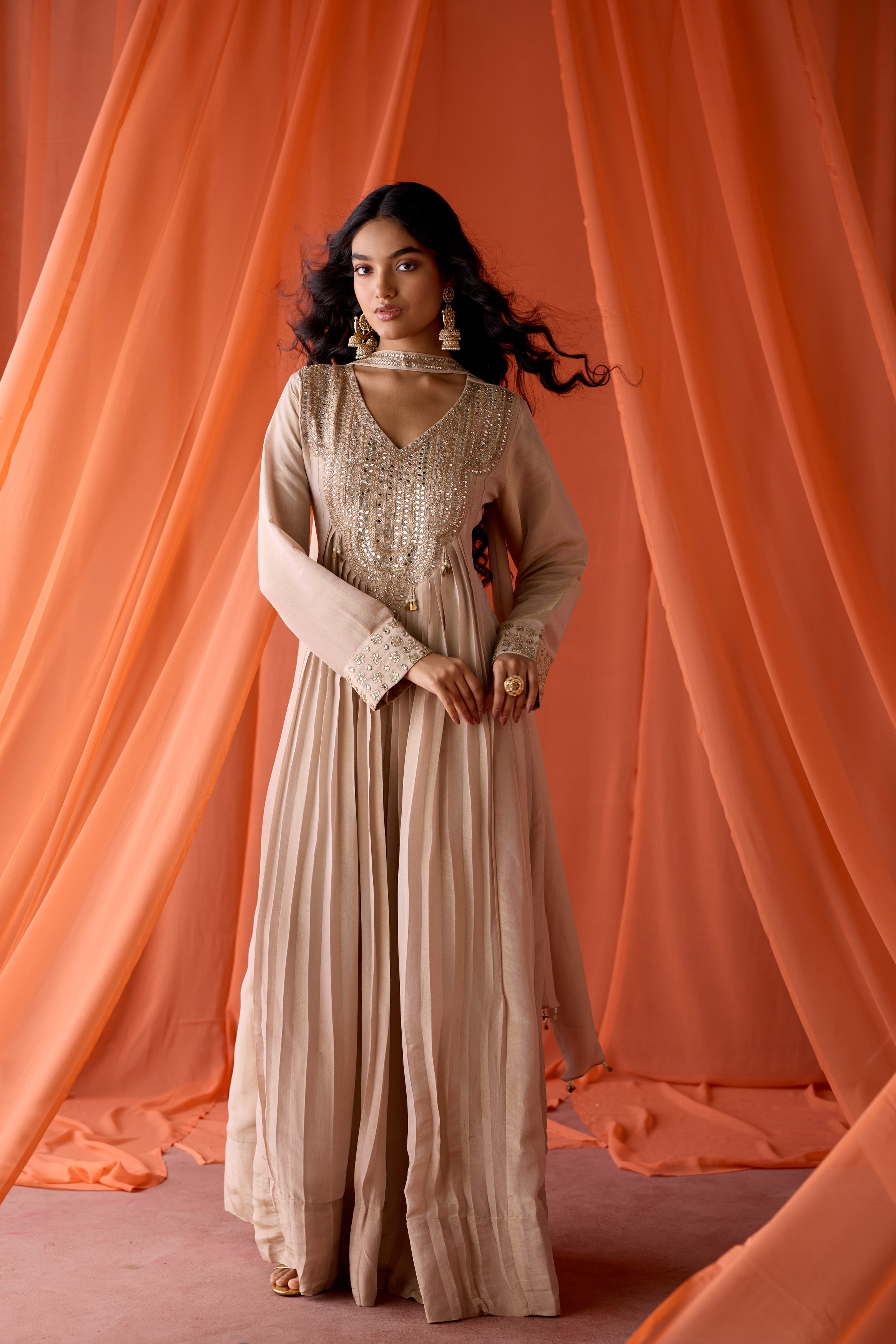 Camel Beige Embellished  Shimmer Organza Silk Anarkali Set