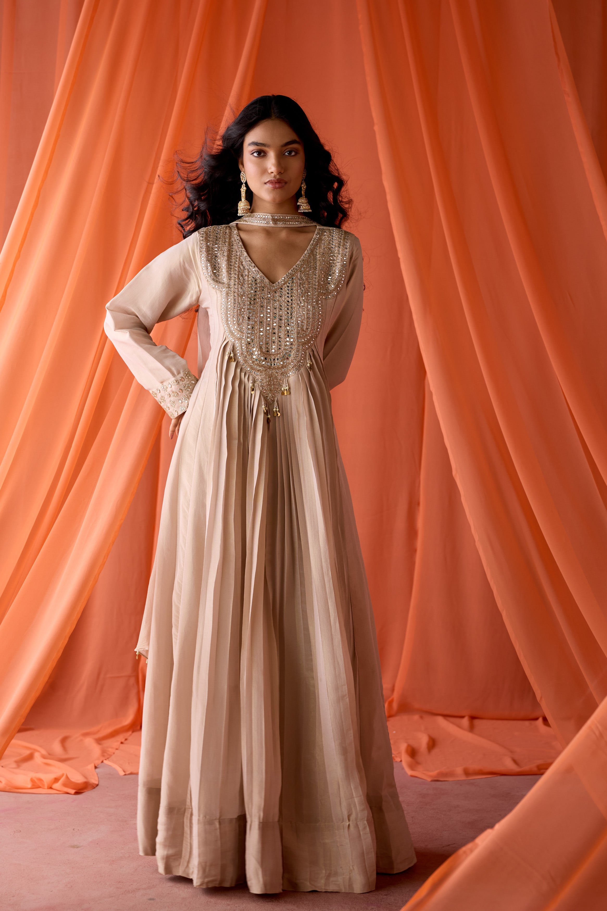 Camel Beige Embellished  Shimmer Organza Silk Anarkali Set